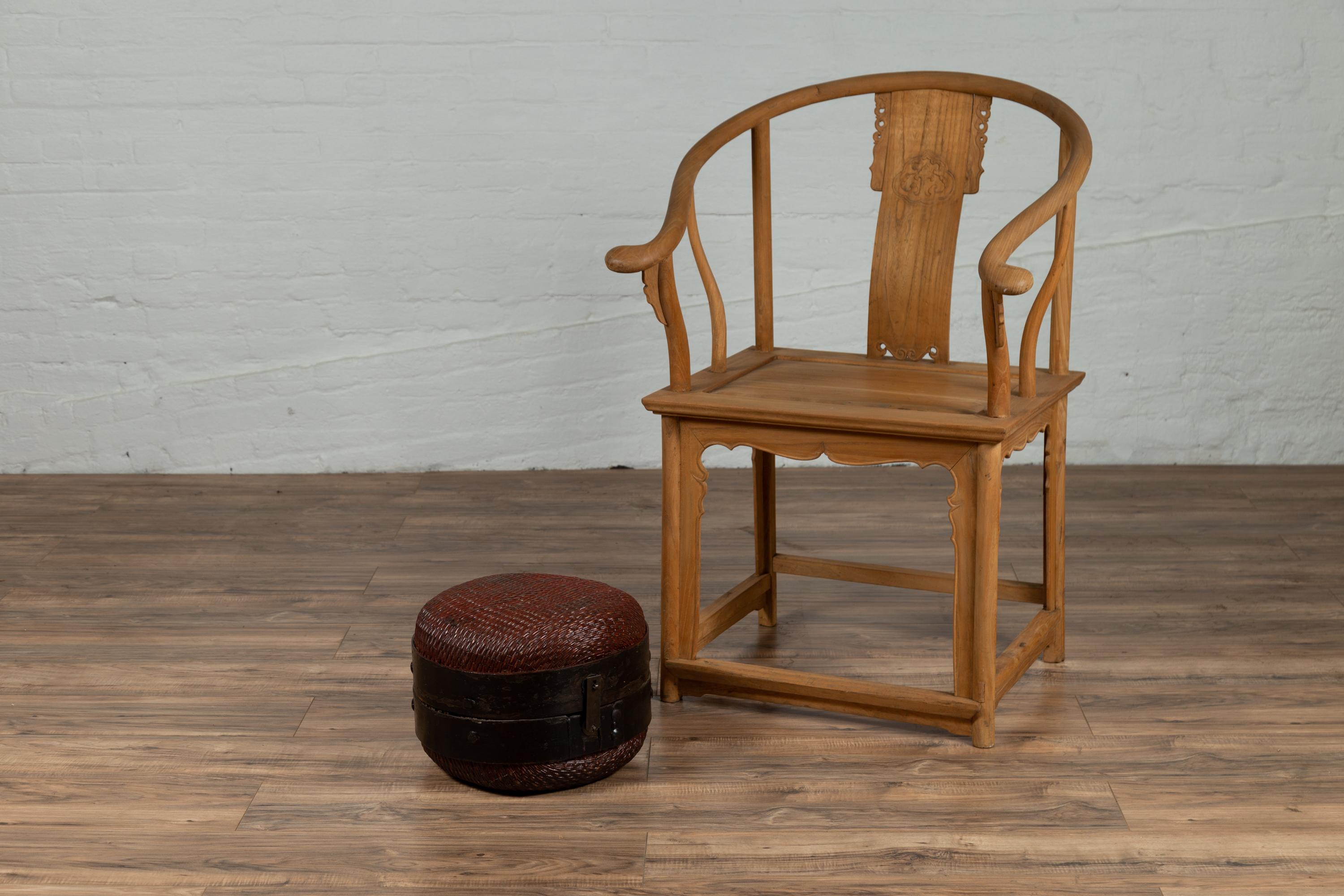 Antique Chinese Early 20th Century Rattan Hat Box with Weathered Patina 6