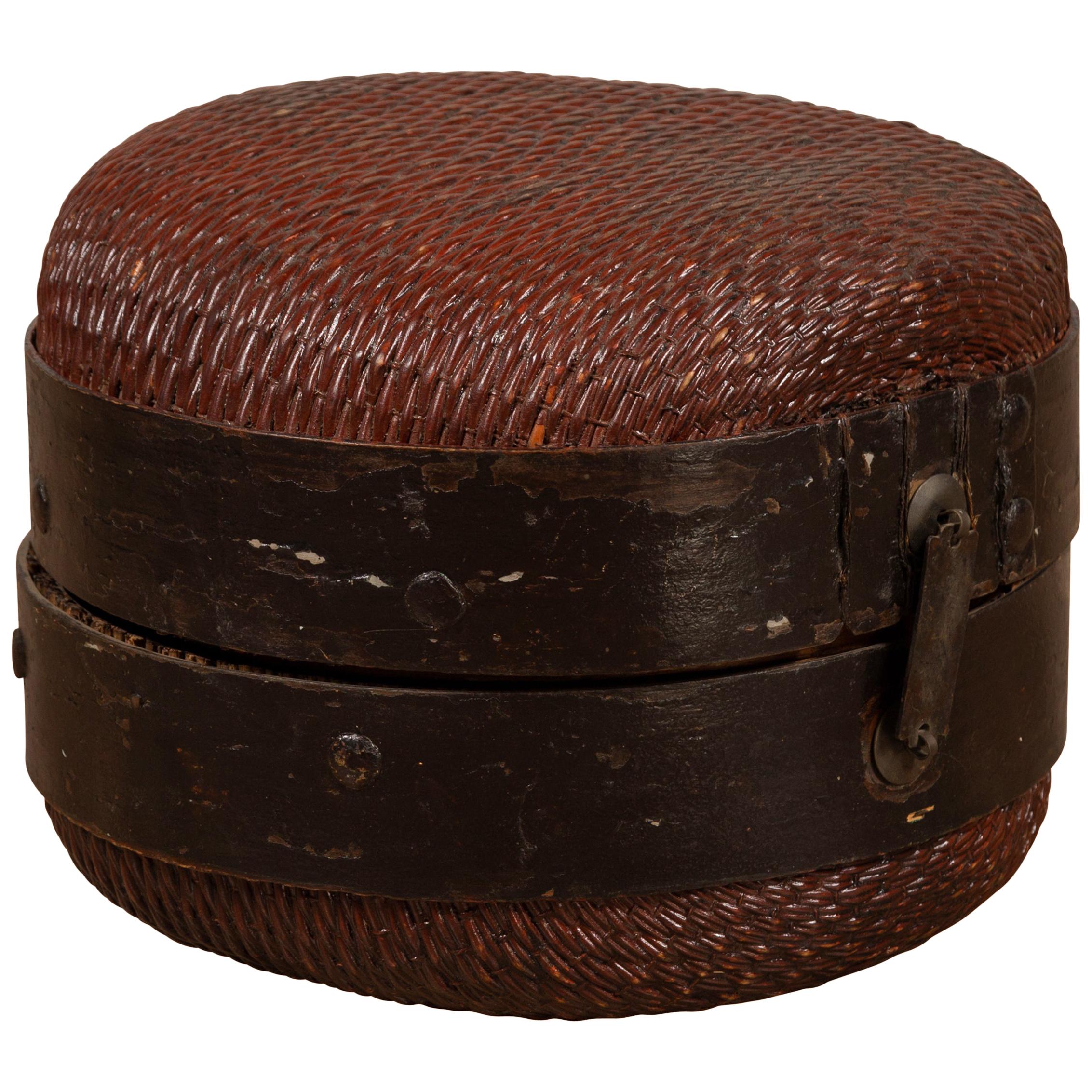 Antique Chinese Early 20th Century Rattan Hat Box with Weathered Patina