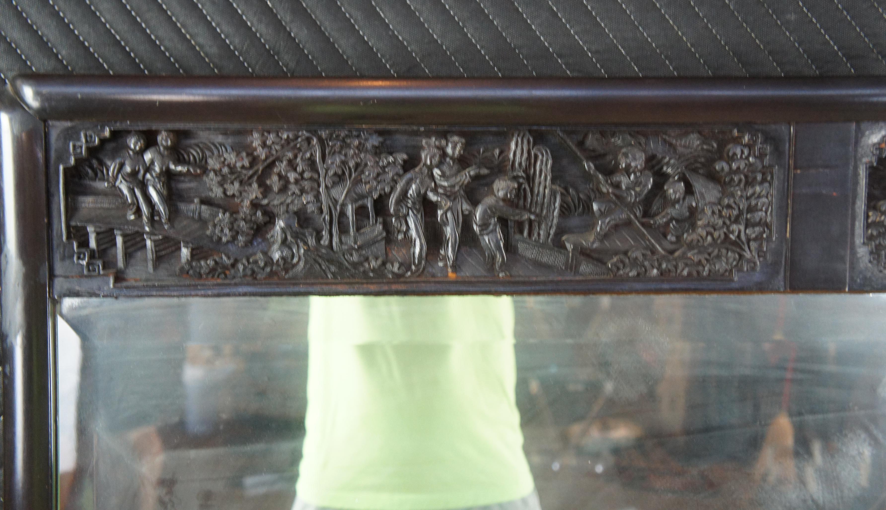 Antique Chinese Ebonized Hall Overmantle Mirror Carved Trumeau Chinoiserie In Good Condition For Sale In Dayton, OH