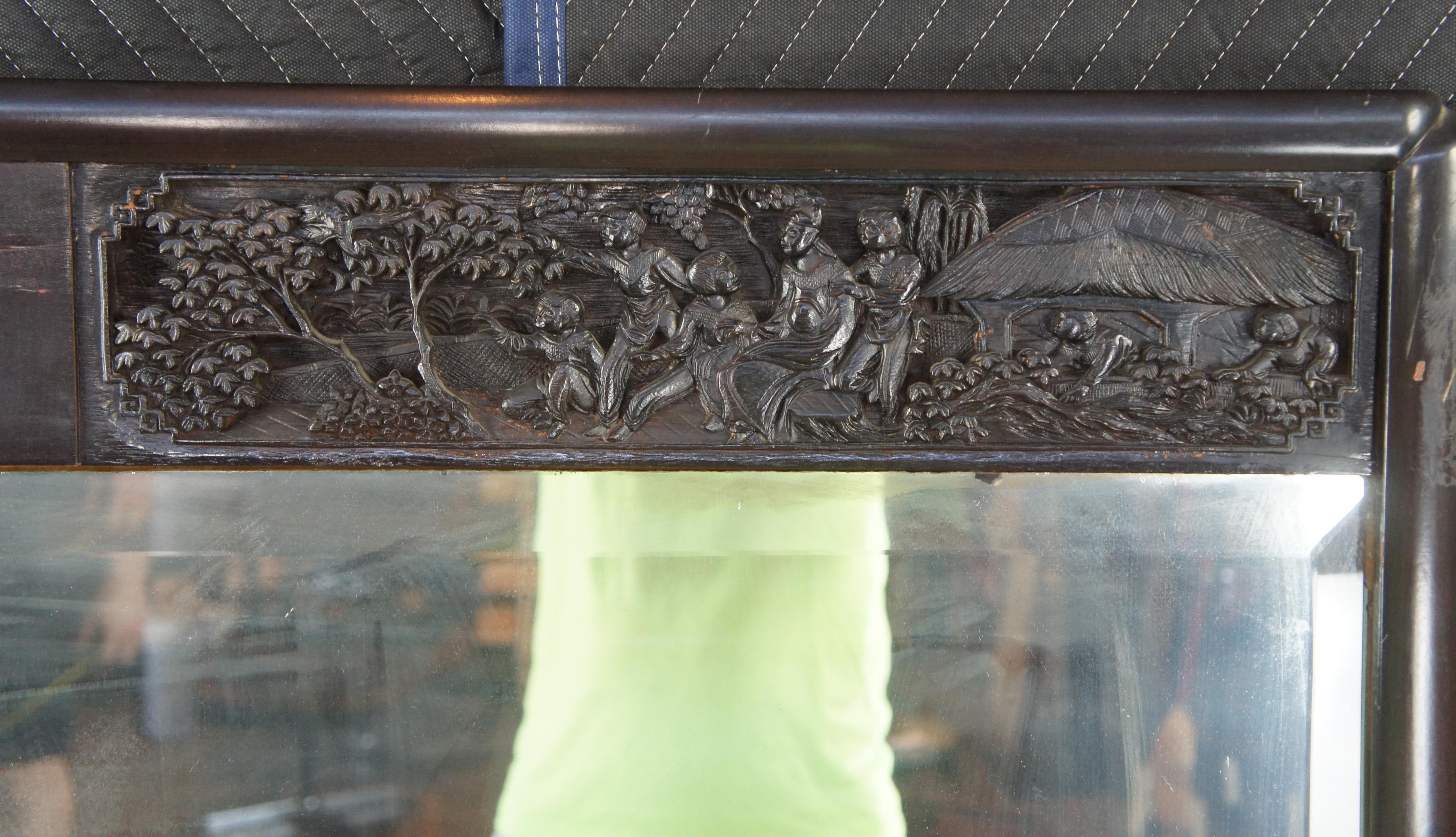 19th Century Antique Chinese Ebonized Hall Overmantle Mirror Carved Trumeau Chinoiserie For Sale