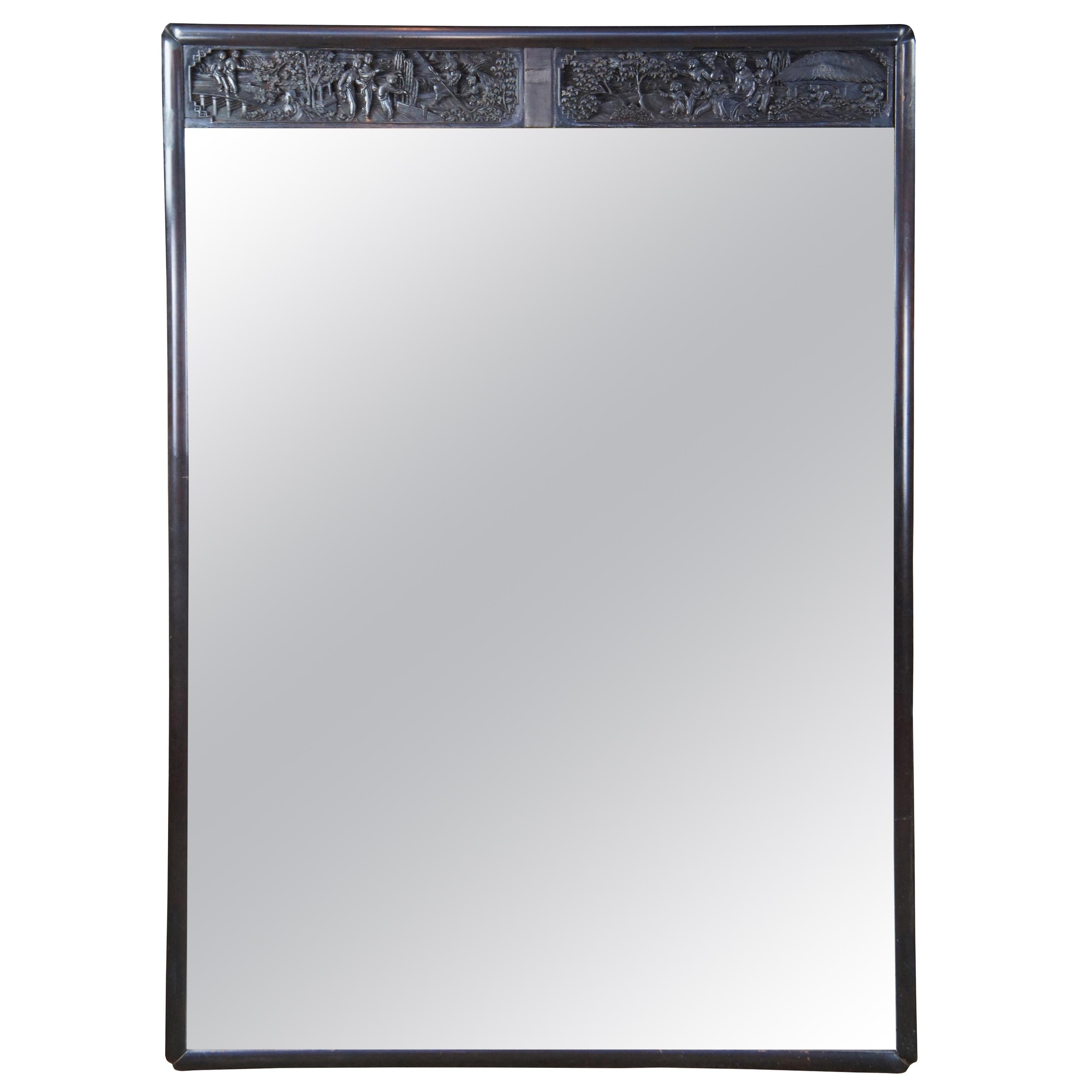 Vieux miroir de cheminée chinois ébénisé sculpté Trumeau Chinoiserie