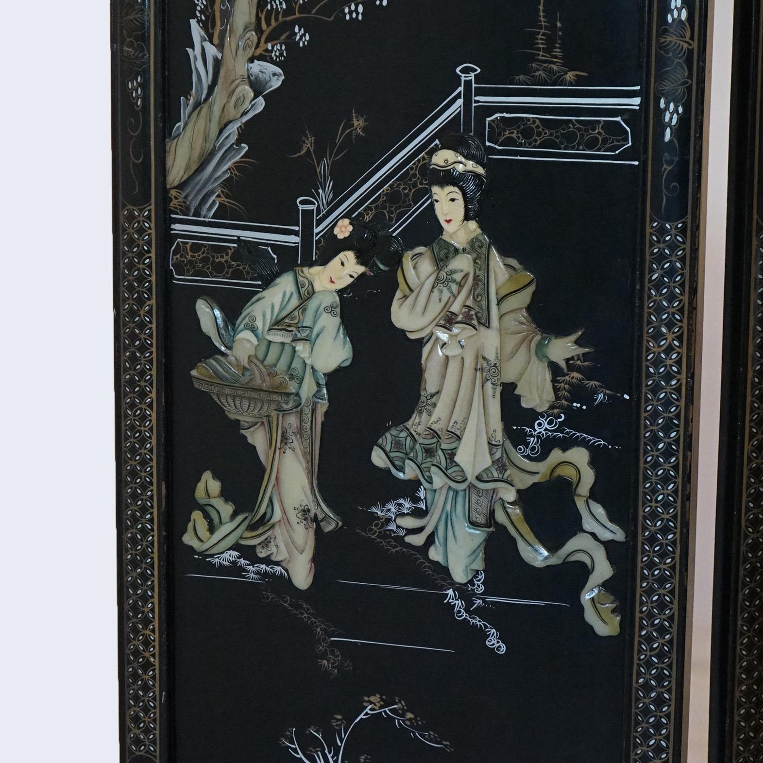 Antique Chinese Ebonized & Hand Painted Dressing Screen with Carved Hardstone 4