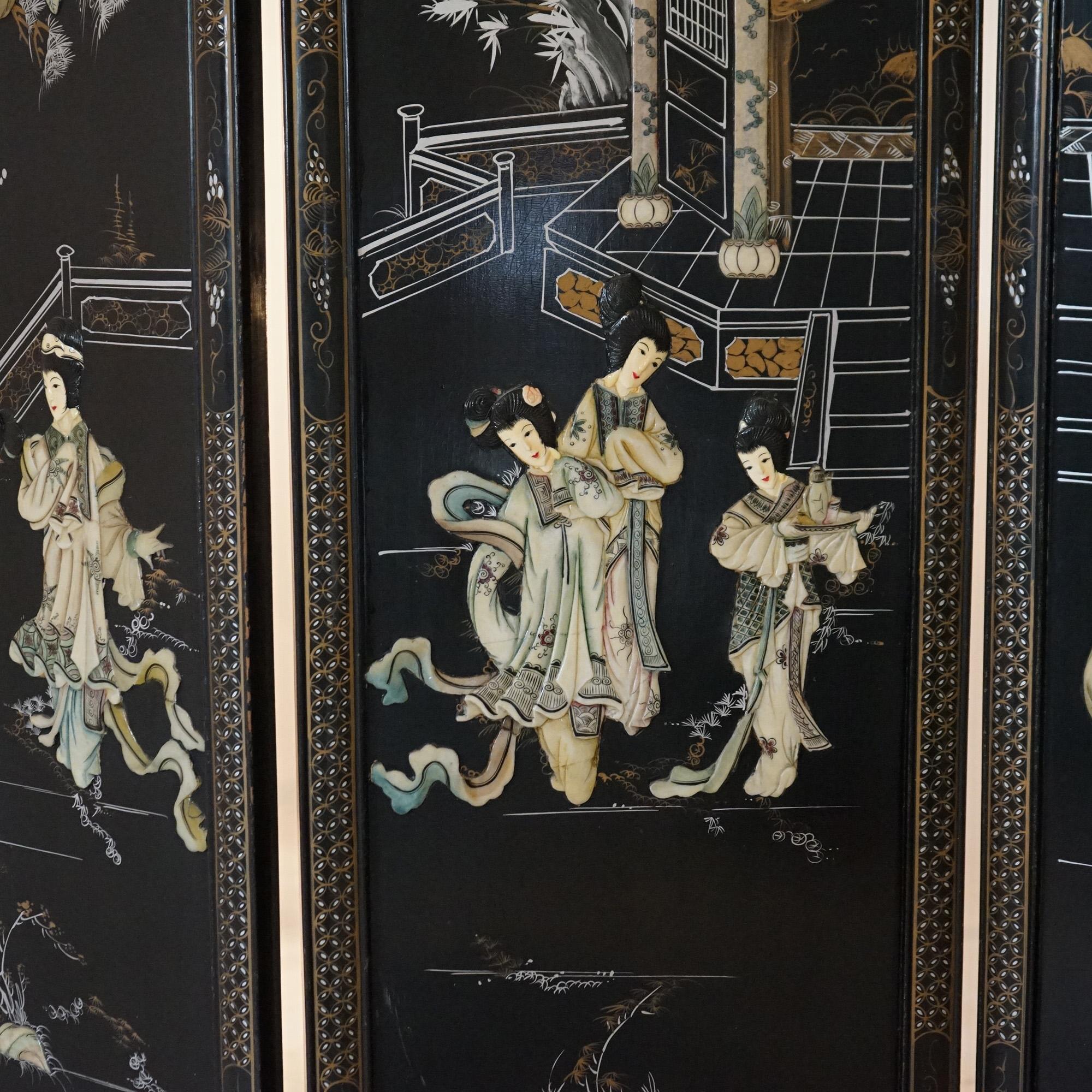 Antique Chinese Ebonized & Hand Painted Dressing Screen with Carved Hardstone 5