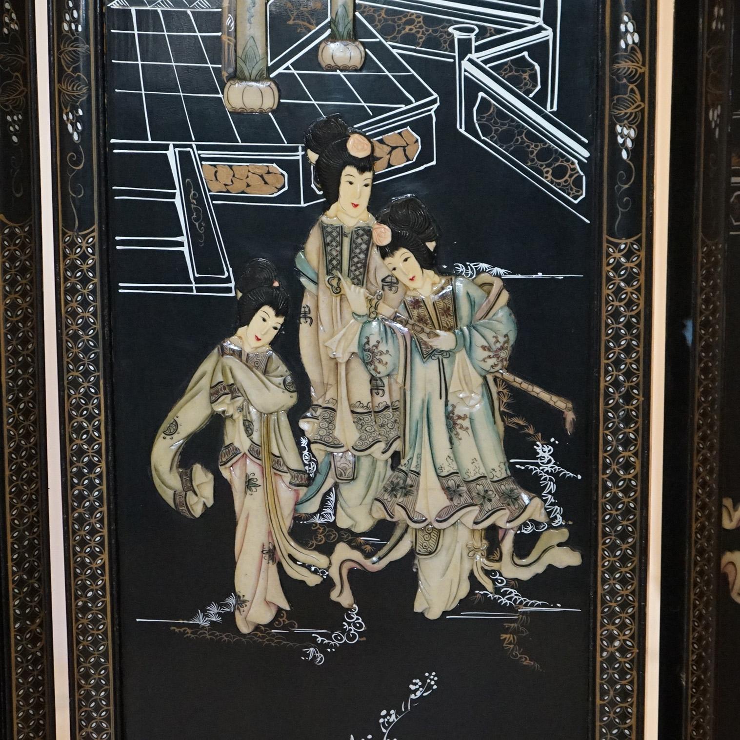 Antique Chinese Ebonized & Hand Painted Dressing Screen with Carved Hardstone 6