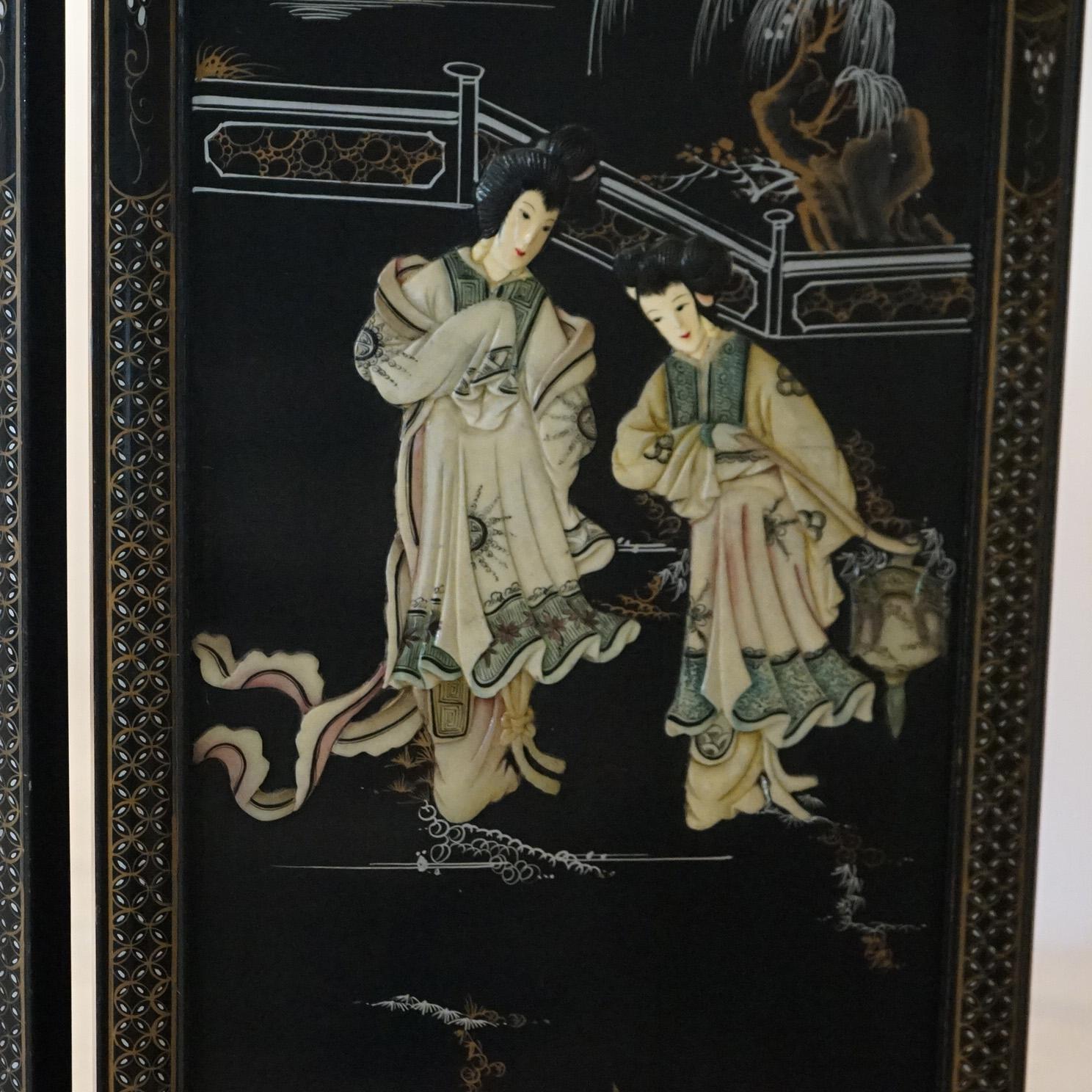 Antique Chinese Ebonized & Hand Painted Dressing Screen with Carved Hardstone 7