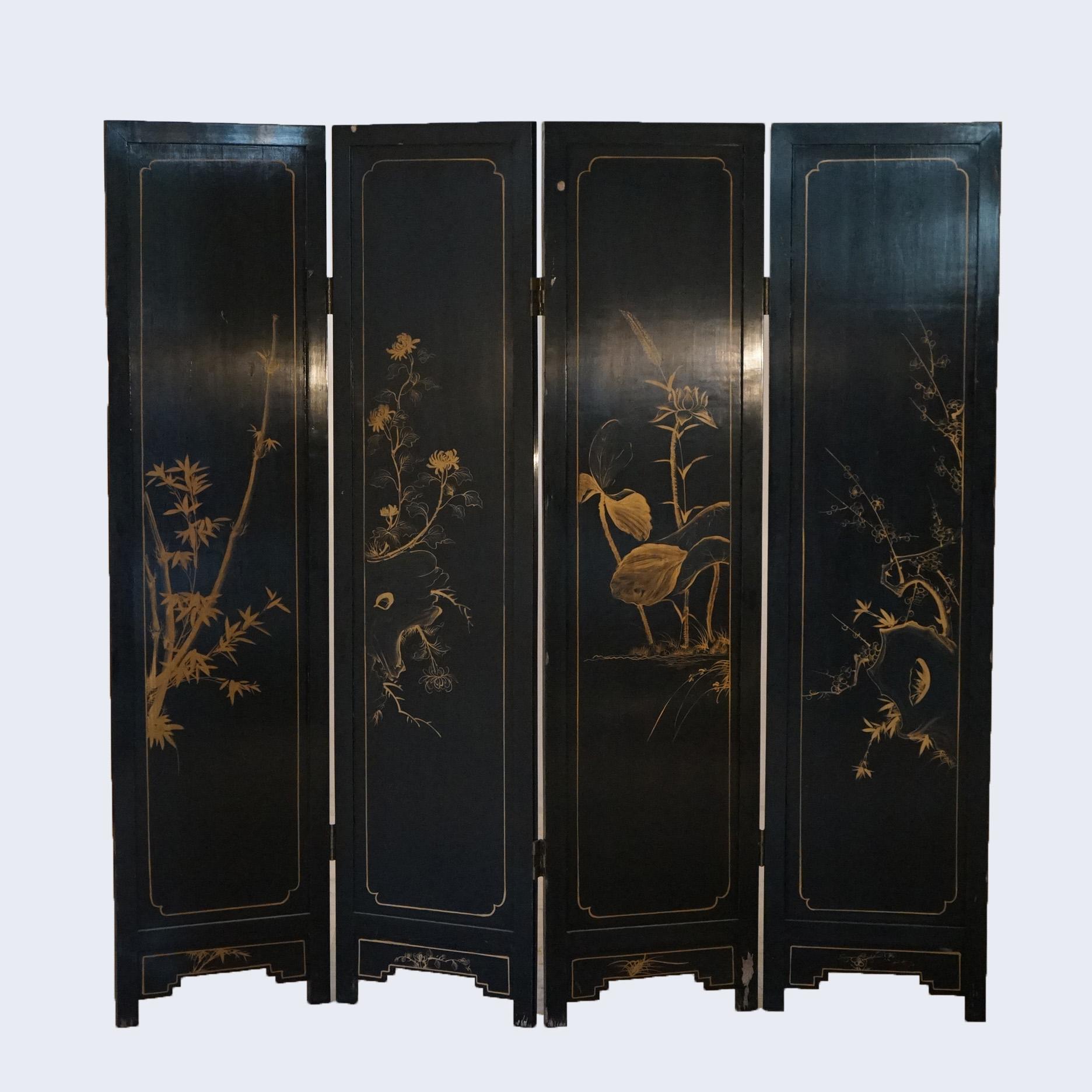 ***Reduced Delivery Rates - See Below or Click “Ask The Seller” to Request a Quote***

Antique Chinese Ebonized & Hand Painted Four-Panel Dressing Screen with Carved Hardstone, Genre Scenes, Figures and Floral Elements, c1920

Measures - 72 1/4