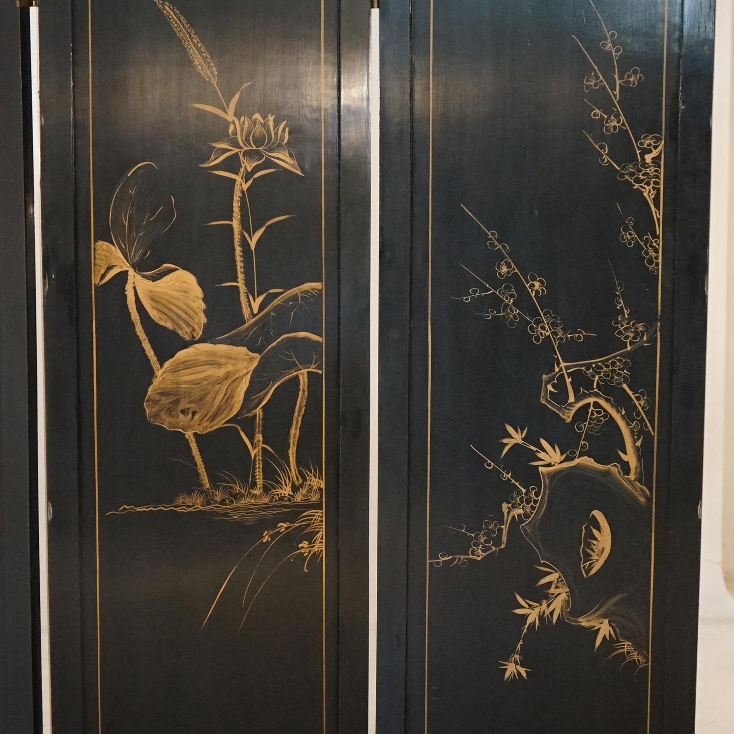 Antique Chinese Ebonized & Hand Painted Dressing Screen with Carved Hardstone In Good Condition In Big Flats, NY