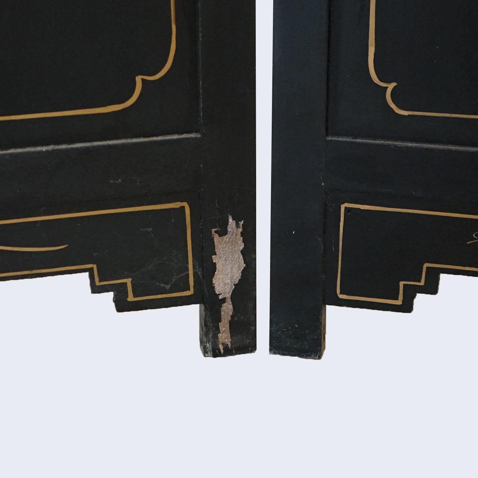 20th Century Antique Chinese Ebonized & Hand Painted Dressing Screen with Carved Hardstone