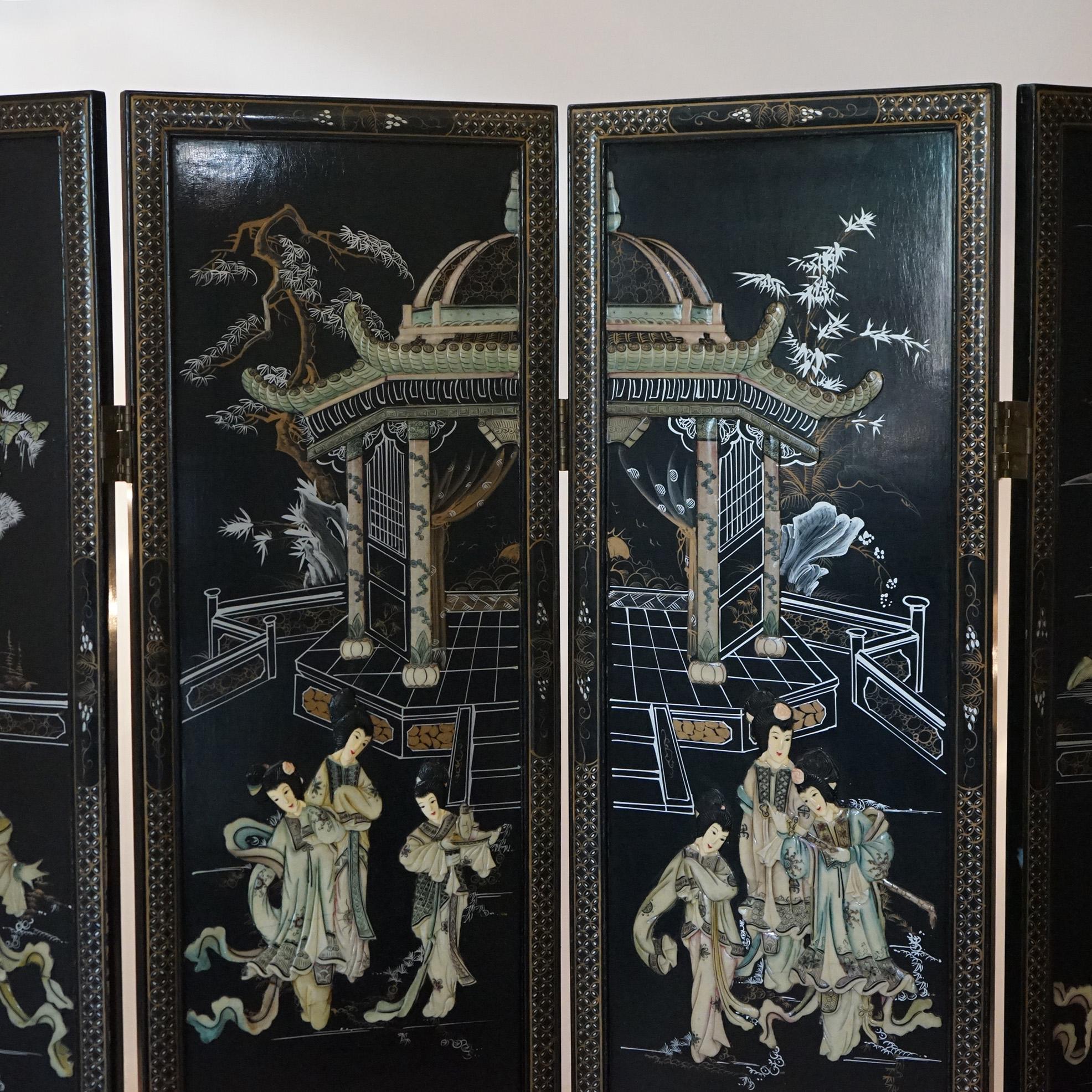 Antique Chinese Ebonized & Hand Painted Dressing Screen with Carved Hardstone 3