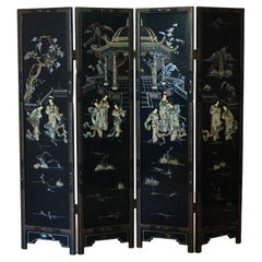 Antique Chinese Ebonized & Hand Painted Dressing Screen with Carved Hardstone