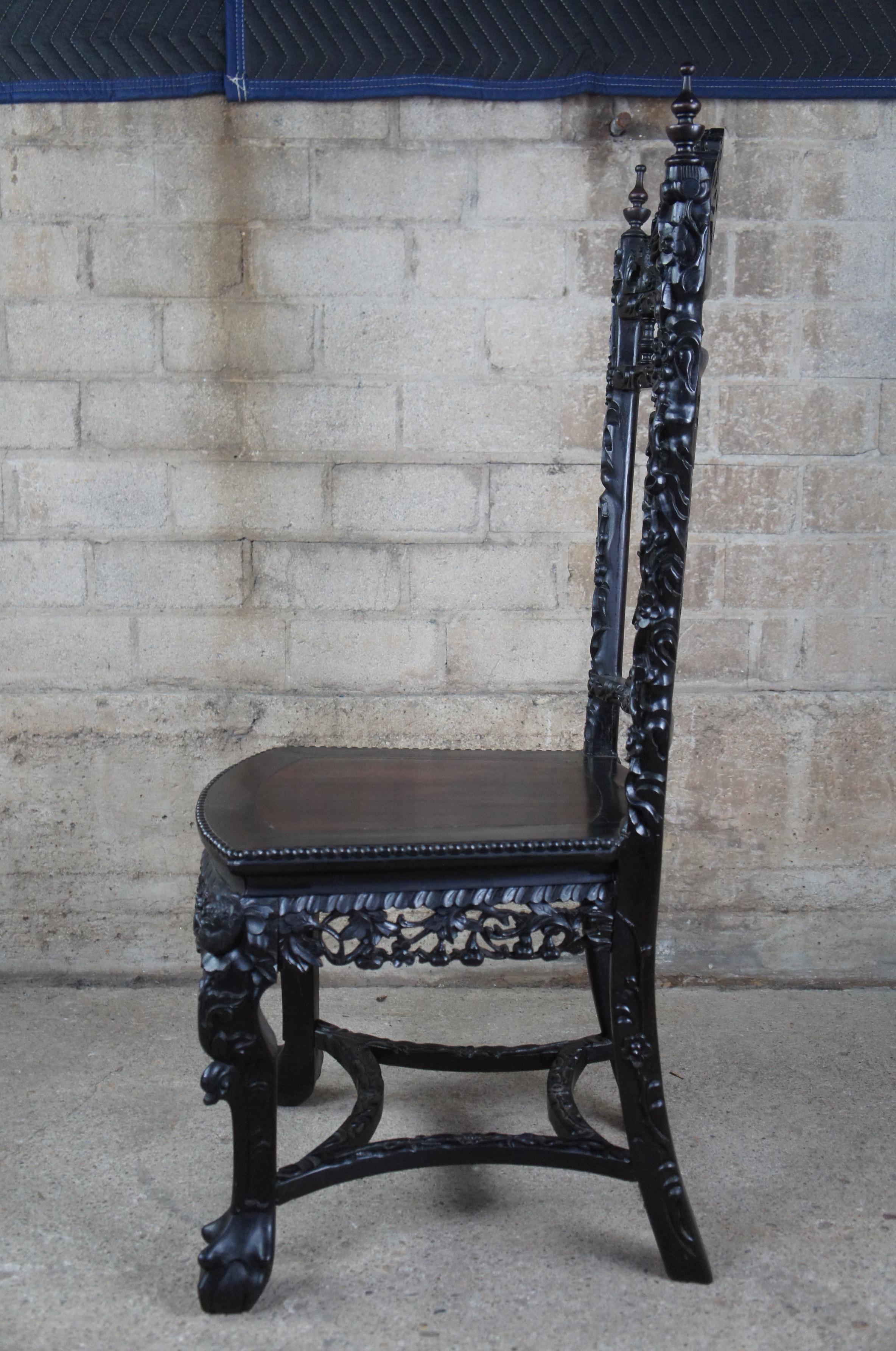 19th Century Antique Chinese Ebonized Rosewood High Relief Ball & Claw Scholars Side Chair  For Sale