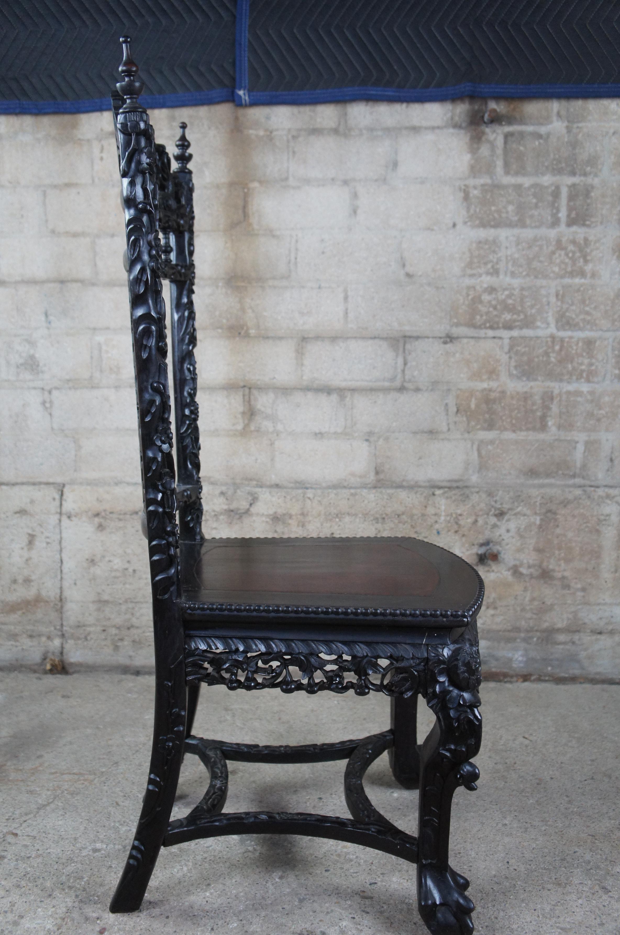 Antique Chinese Ebonized Rosewood High Relief Ball & Claw Scholars Side Chair  For Sale 3