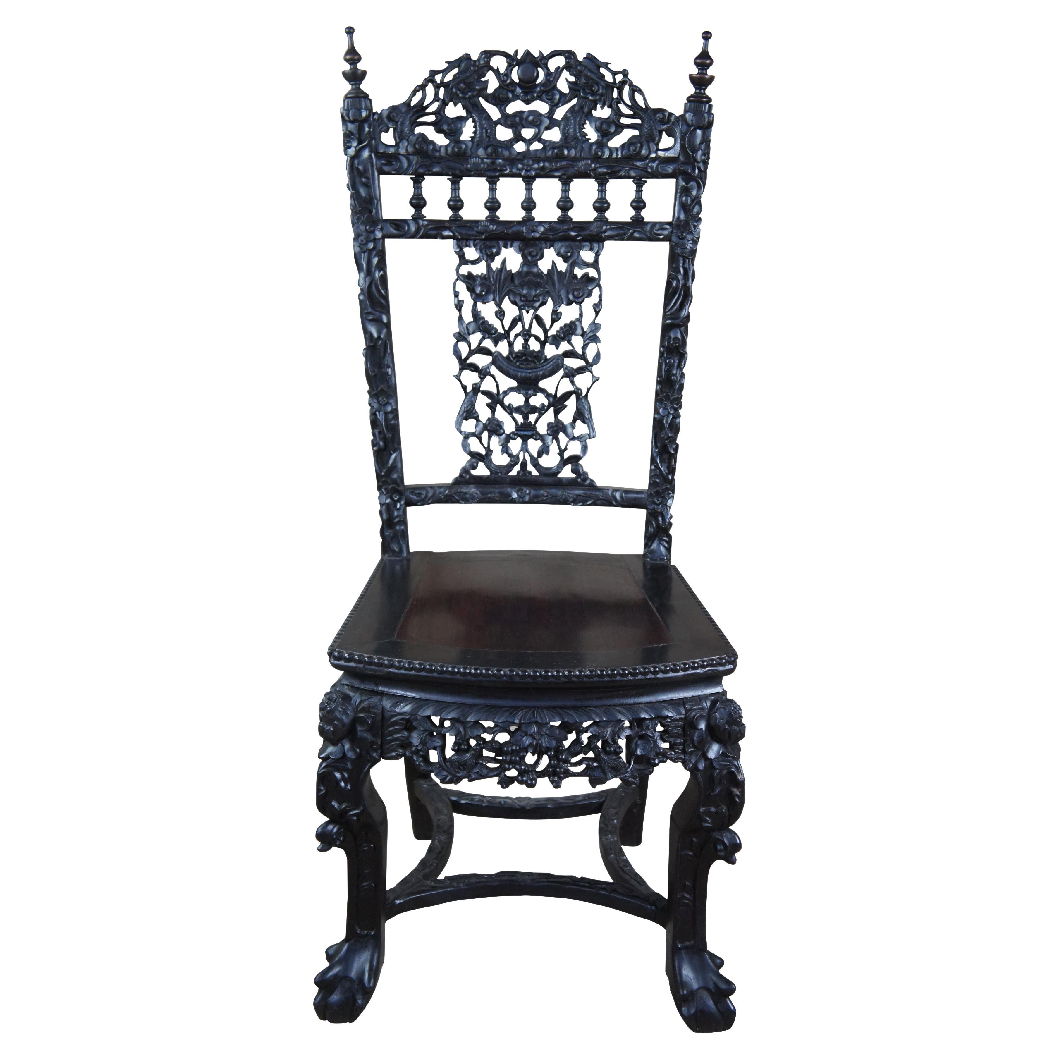 Antique Chinese Ebonized Rosewood High Relief Ball & Claw Scholars Side Chair  For Sale