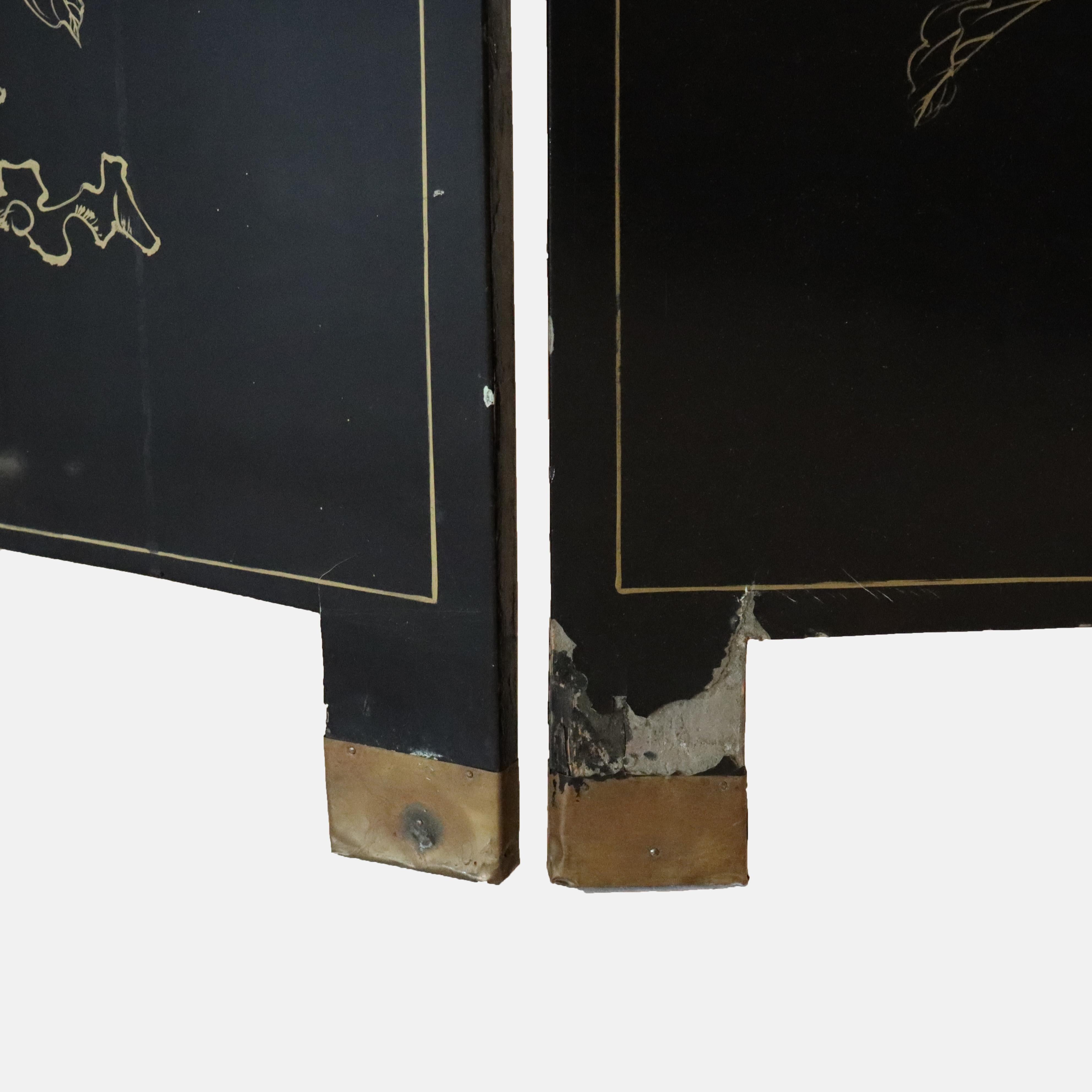 Antico paravento cinese ebanizzato a sei pannelli dell'inizio del XX secolo in vendita 5