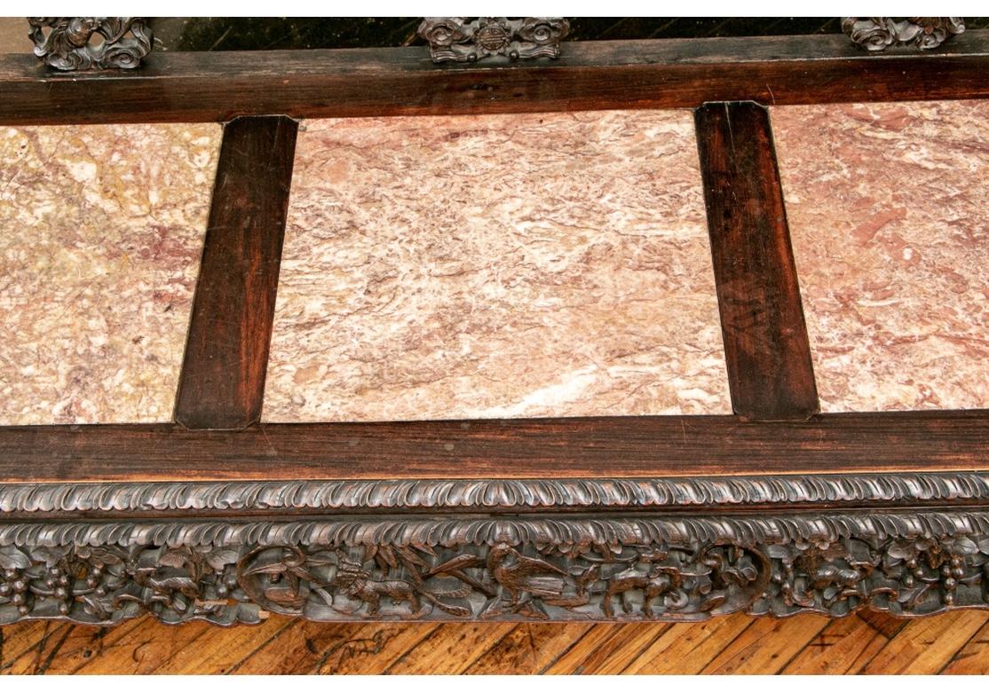 Antique Chinese Elaborately Carved Scholar’s Bench In Distressed Condition For Sale In Bridgeport, CT