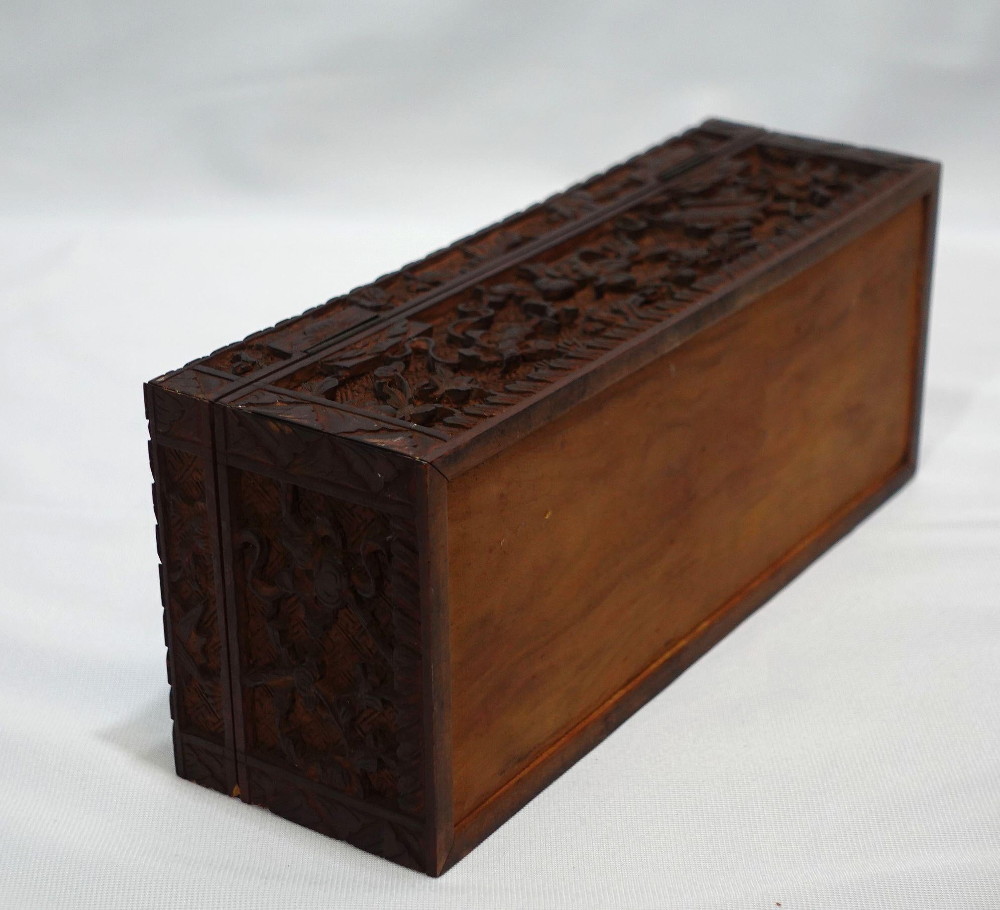 Antique Chinese Elaborately Relief Carved Glove Box W/ Original Hinges and Lock For Sale 9