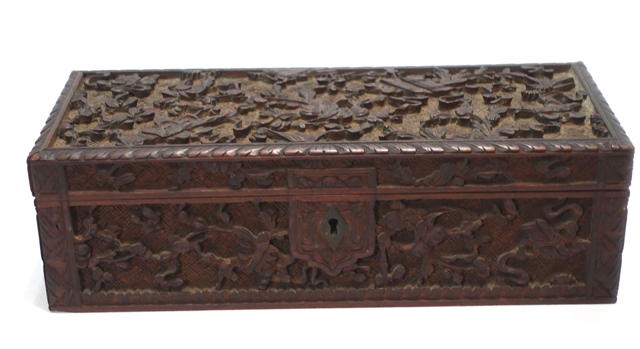 Antique Chinese Elaborately Relief Carved Glove Box W/ Original Hinges and Lock In Good Condition For Sale In Norton, MA