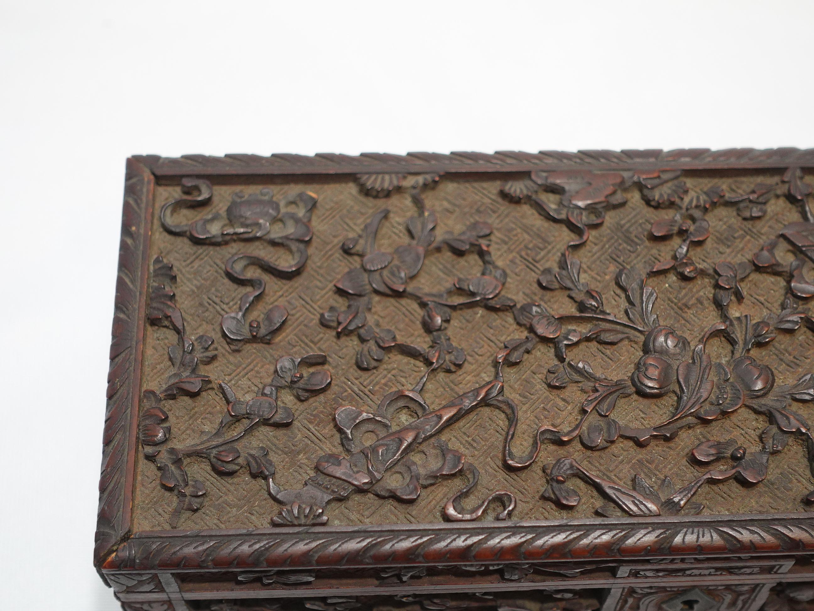 Antique Chinese Elaborately Relief Carved Glove Box W/ Original Hinges and Lock For Sale 1