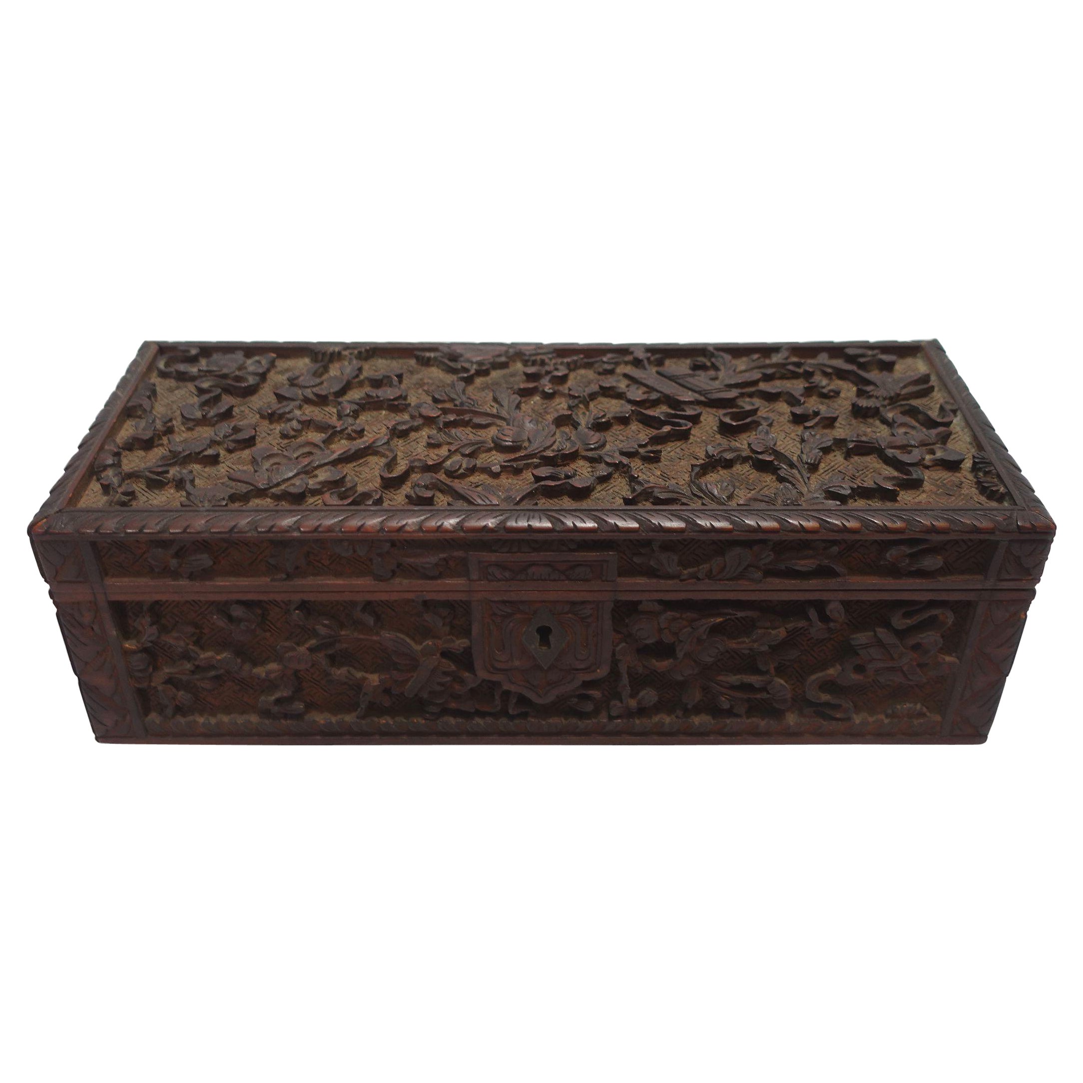 Antique Chinese Elaborately Relief Carved Glove Box W/ Original Hinges and Lock