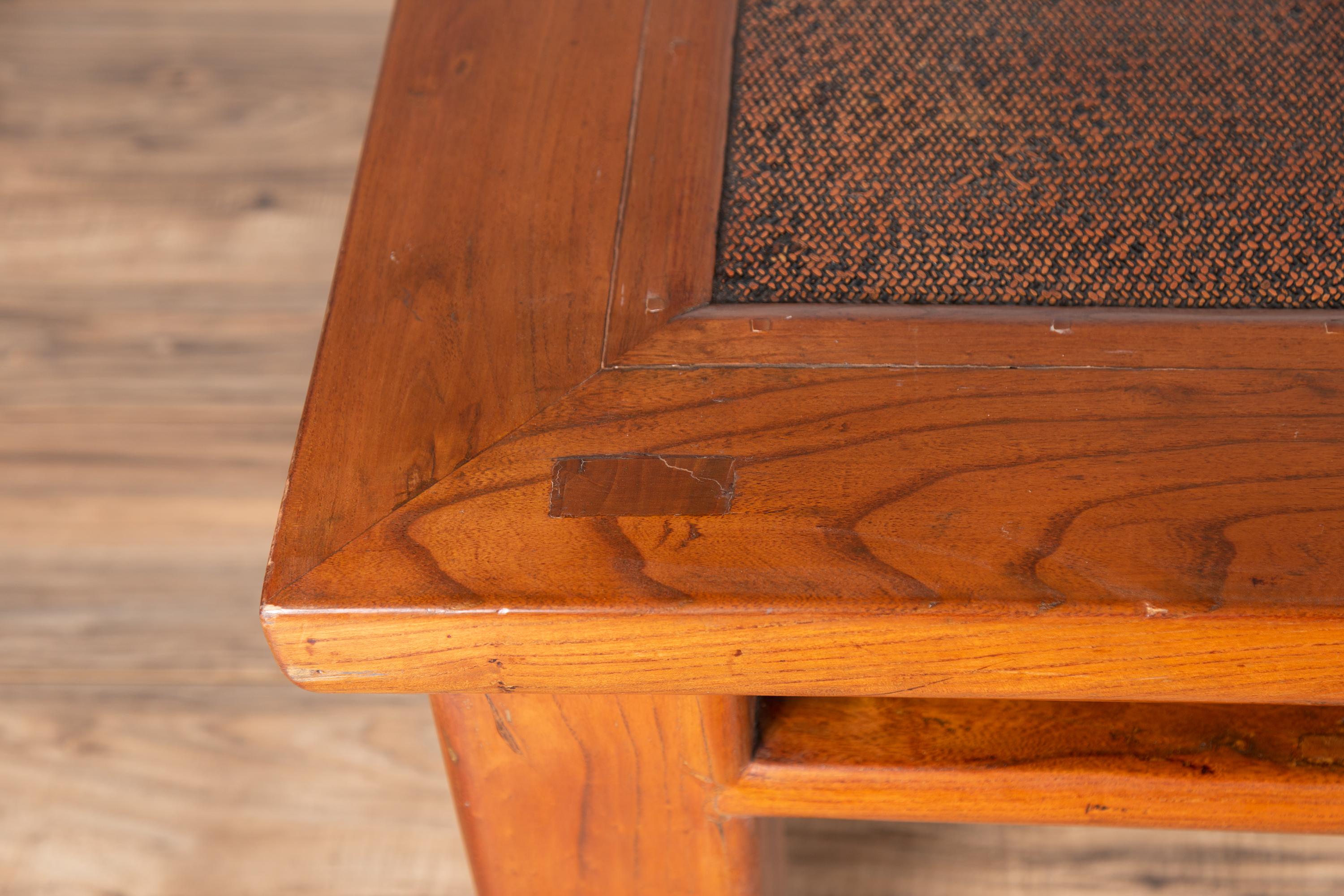 Antique Chinese Elm Coffee Table with Square Legs and Rattan Inset Top For Sale 5