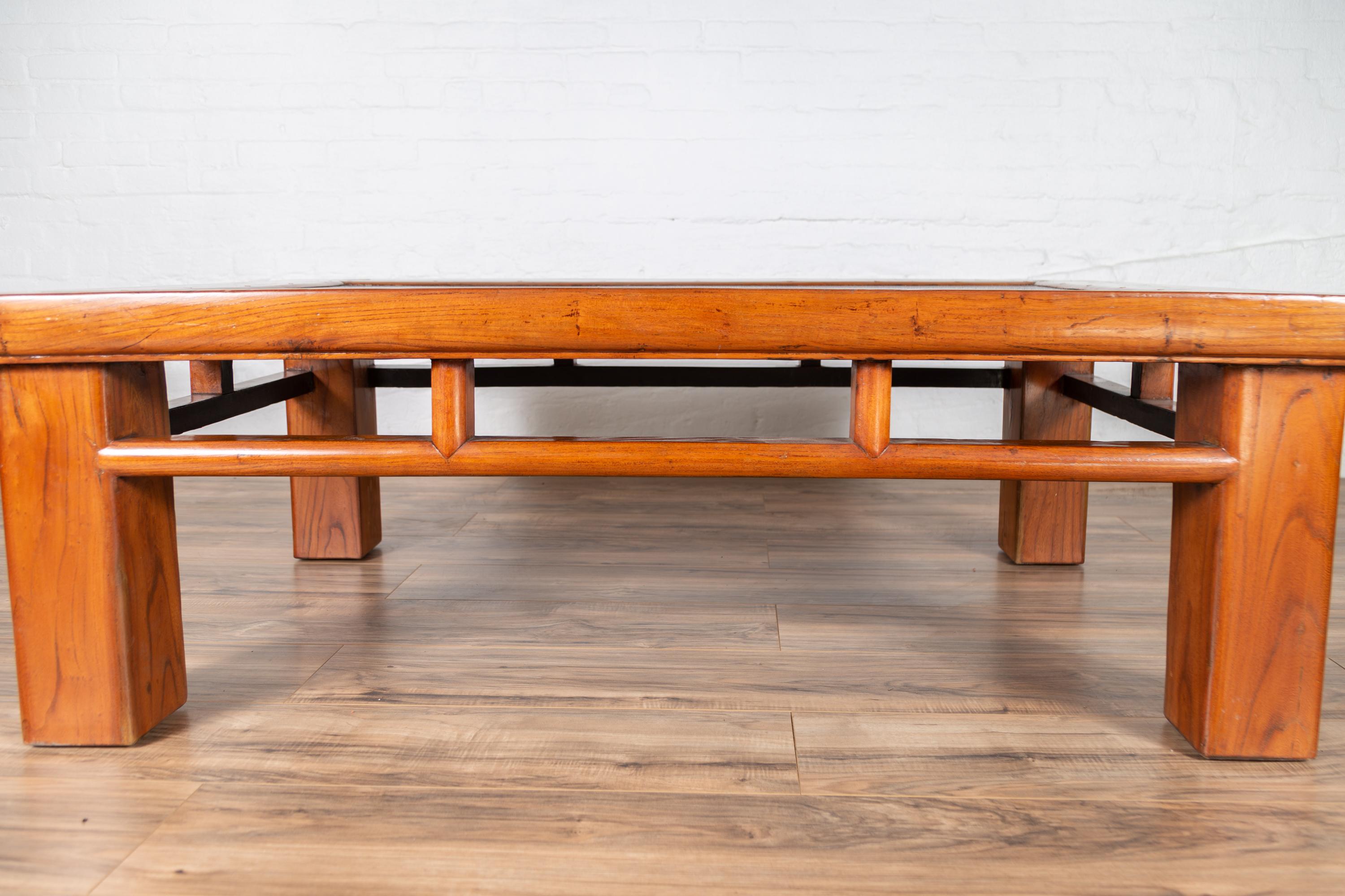 Antique Chinese Elm Coffee Table with Square Legs and Rattan Inset Top For Sale 1