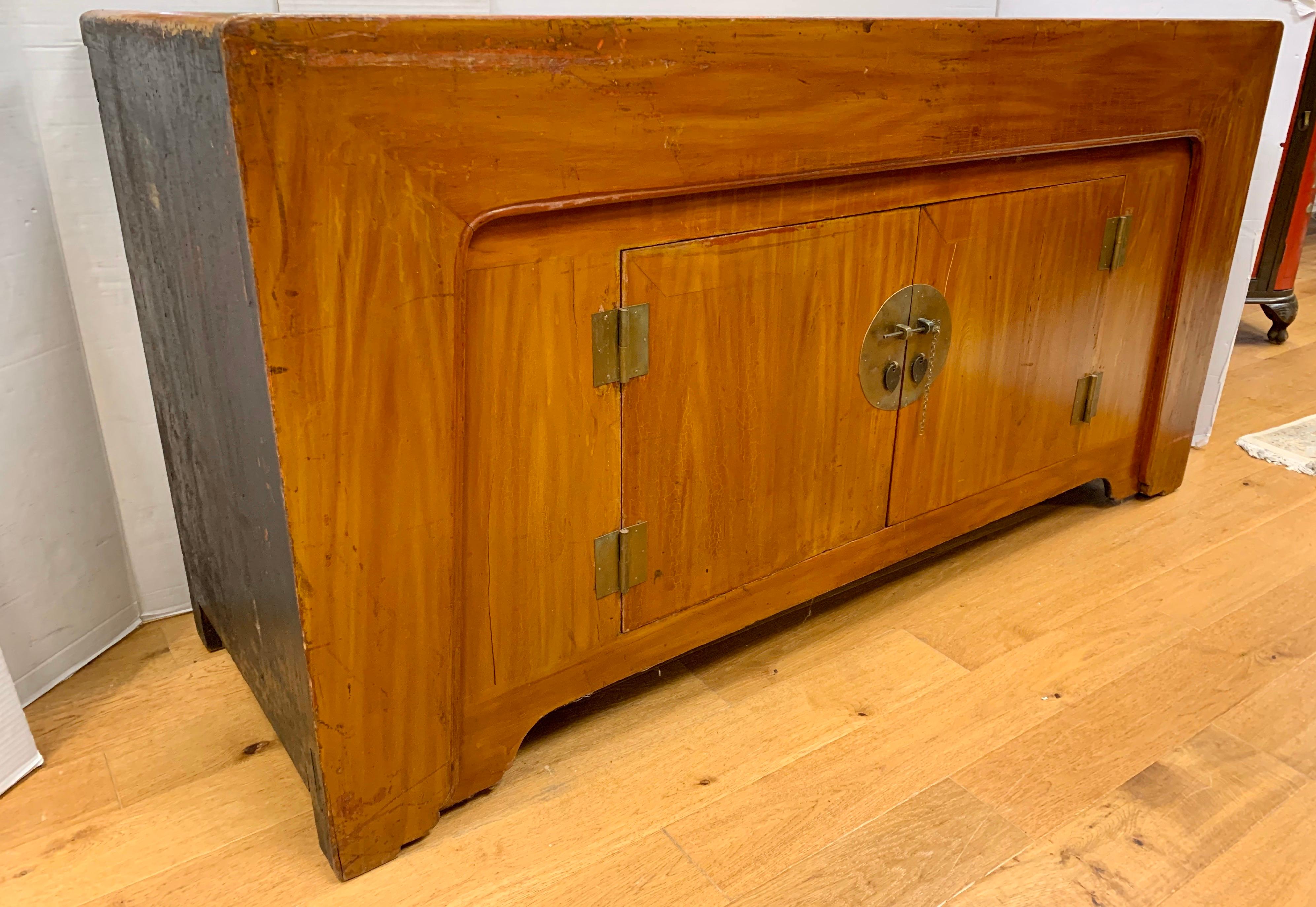 Bronze Late 19th Century Chinese Elmwood Credenza Sideboard Buffet Cabinet