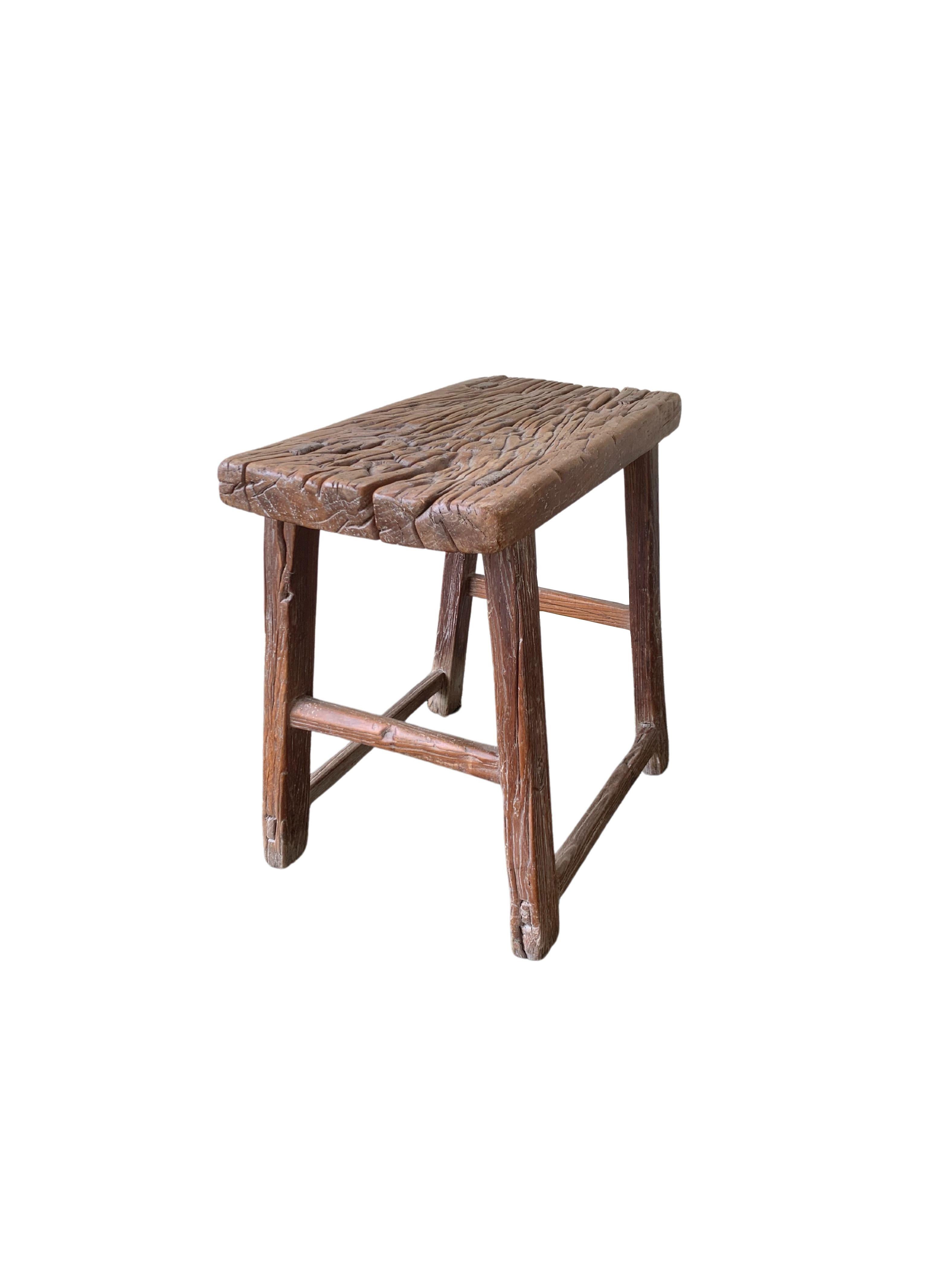 Hand-Carved Antique Chinese Elm Wood Stool, Early 20th Century For Sale