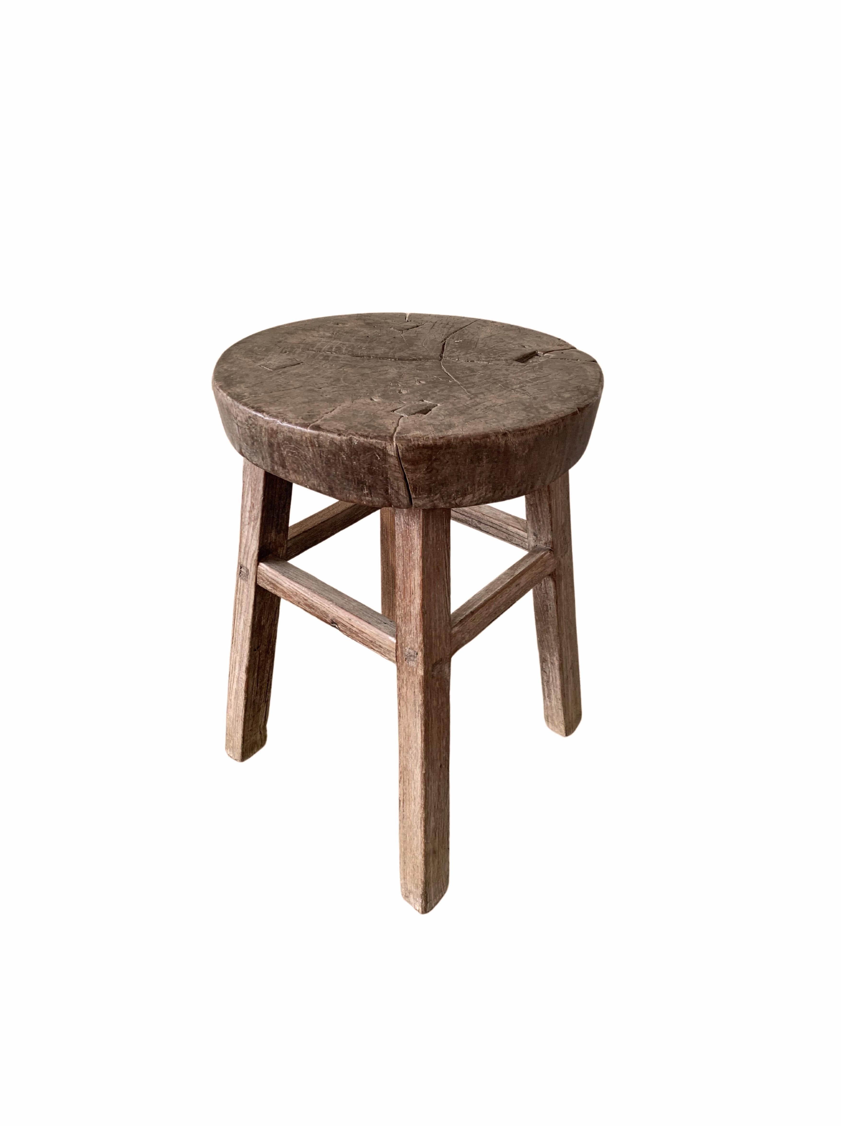 Hand-Carved Antique Chinese Elm Wood Stool, Early 20th Century