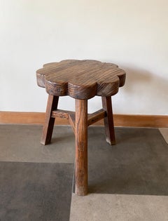 Antique Chinese Elm Wood Stool with Floral Wood Detailing, Early 20th Century