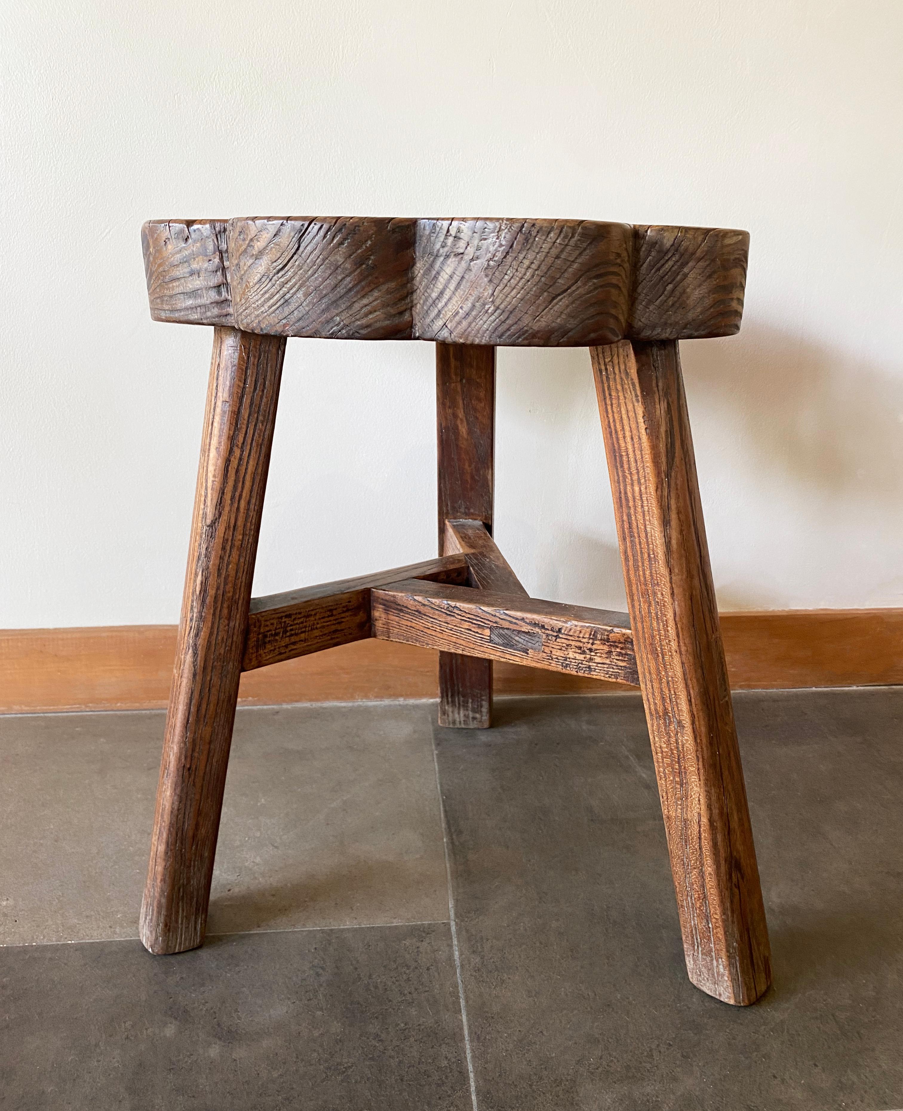 Other Antique Chinese Elm Wood Stool with Floral Wood Detailing, Early 20th Century