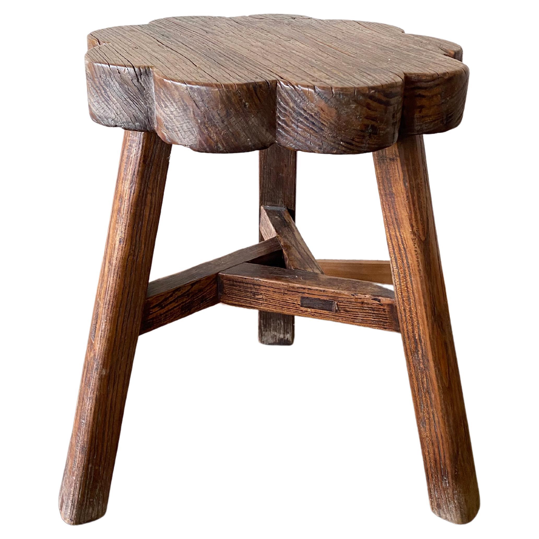 Antique Chinese Elm Wood Stool with Floral Wood Detailing, Early 20th Century