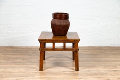 Antique Chinese Elmwood Table with Pierced Apron and Pillar-Shaped Struts Motifs
