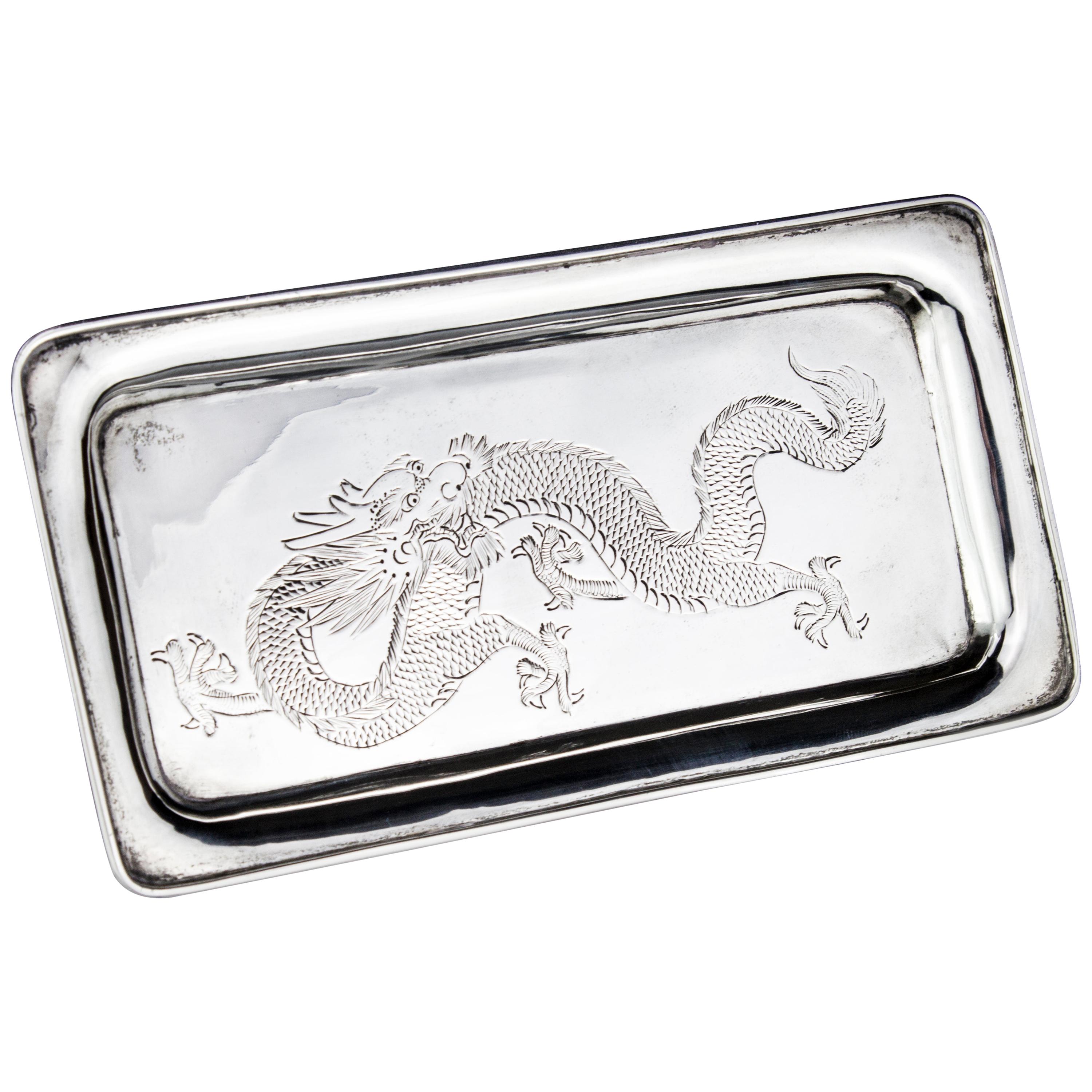 Antique Chinese Elongated Tray with Dragon Scenery