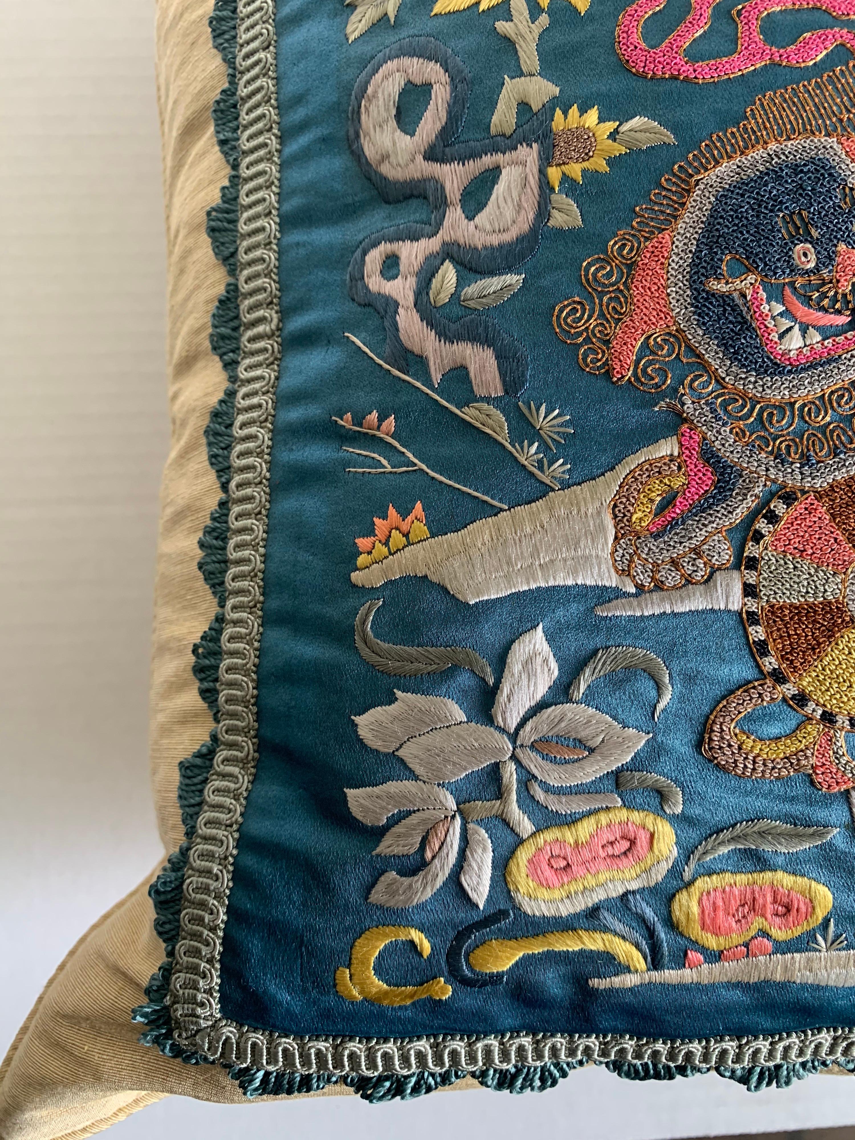 Chinese Export Antique Chinese Embroidered Foo Dog Textile Custom Pillow