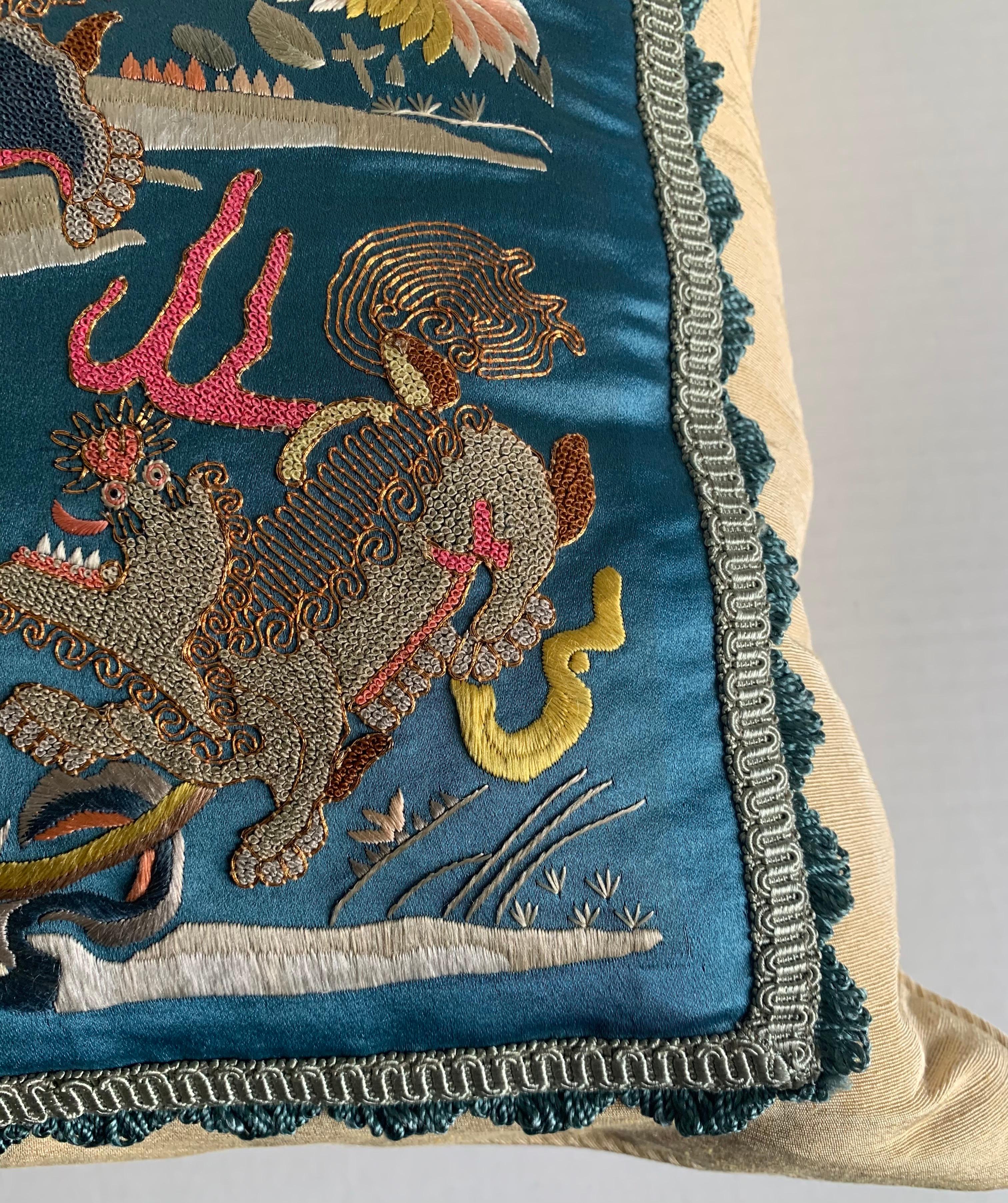 20th Century Antique Chinese Embroidered Foo Dog Textile Custom Pillow