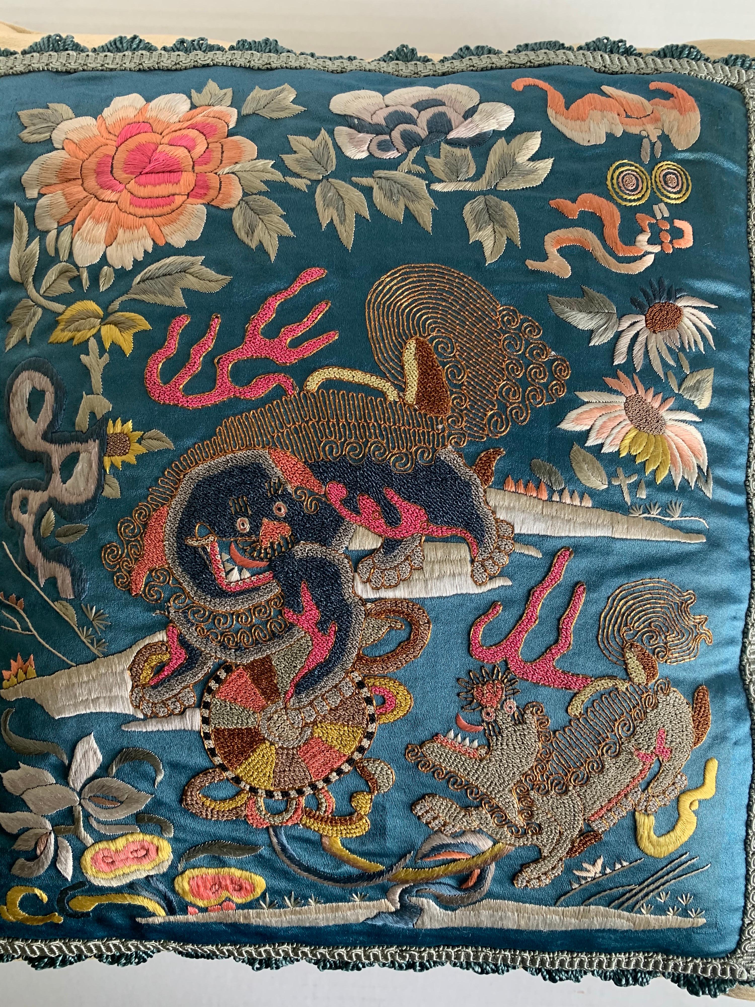 Antique Chinese Embroidered Foo Dog Textile Custom Pillow 1
