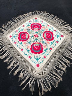 Antique Chinese Embroidered Silk Piano Shawl