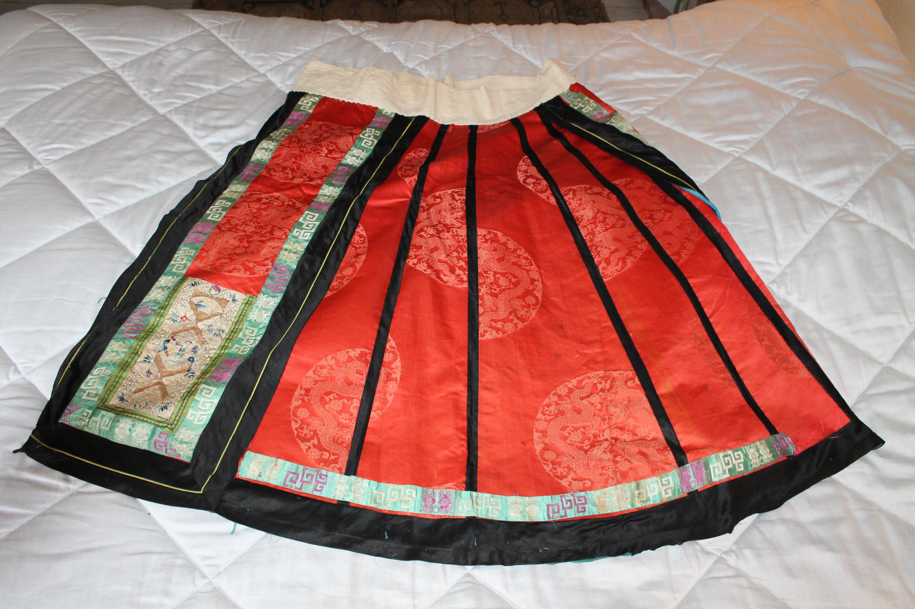 A late 19c Qing Dynasty Embroidered silk wedding skirt.