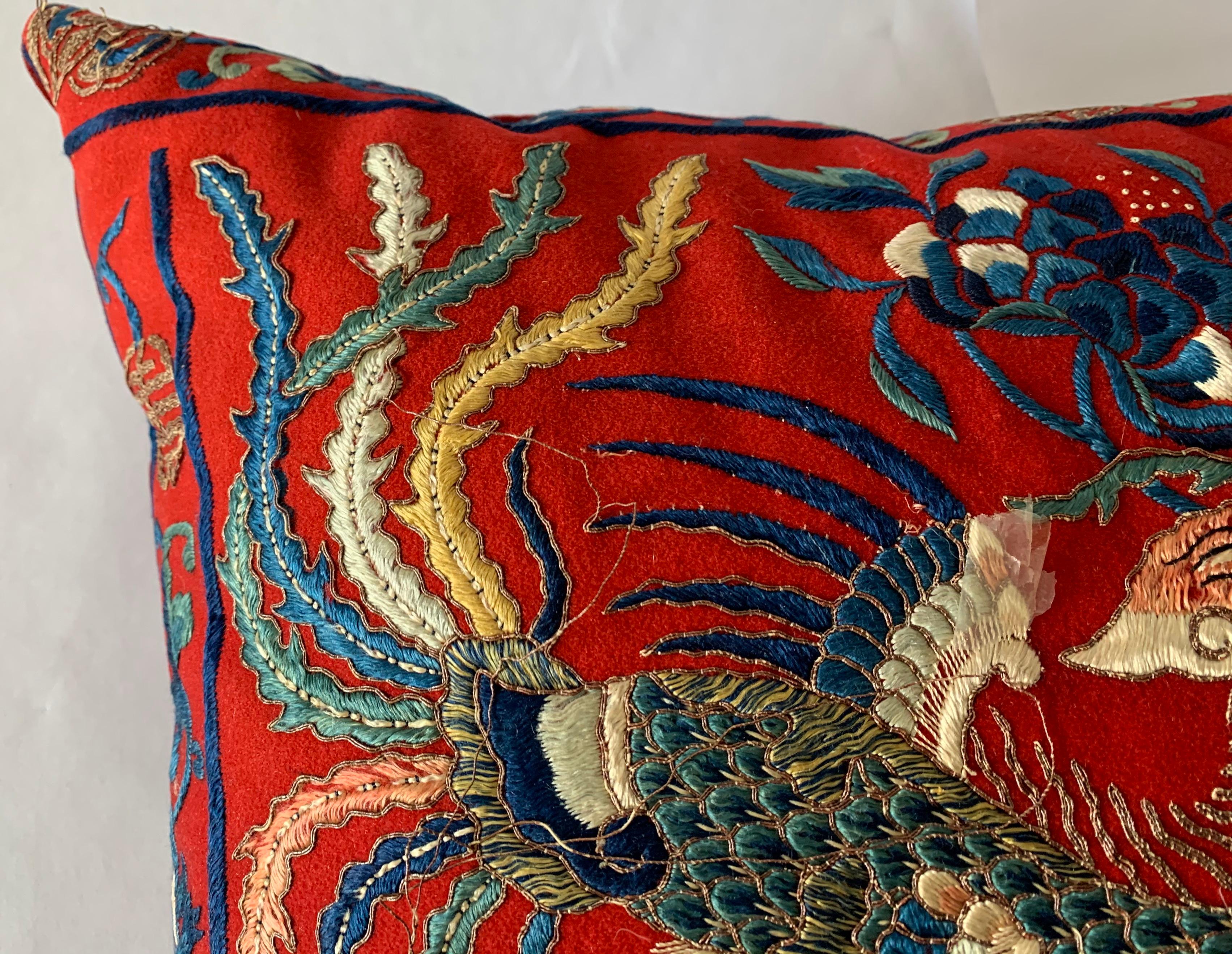 20th Century Antique Chinese Embroidered Textile Custom Pillow