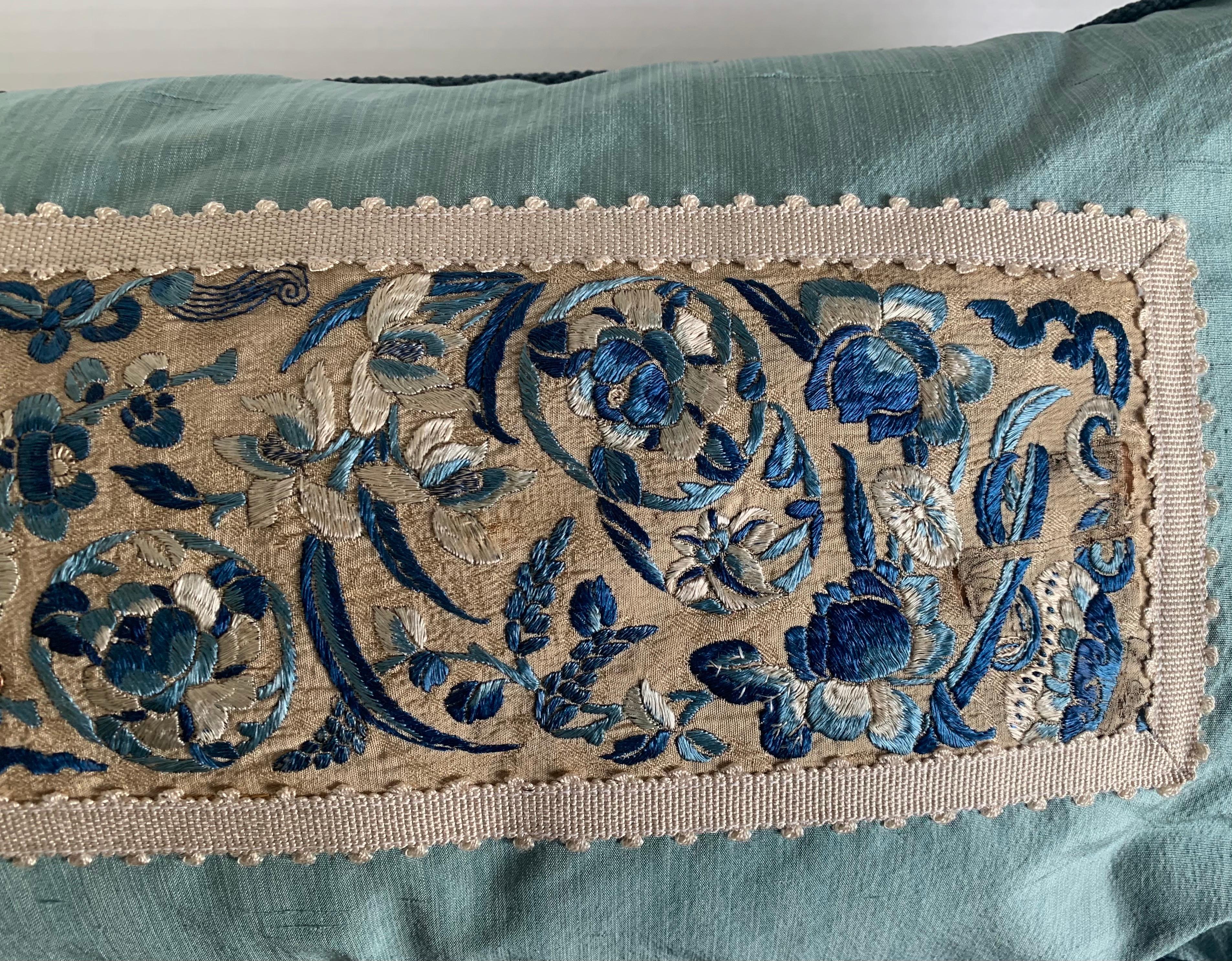 Antique Chinese Embroidered Textile Custom Silk Pillow In Good Condition In Stamford, CT