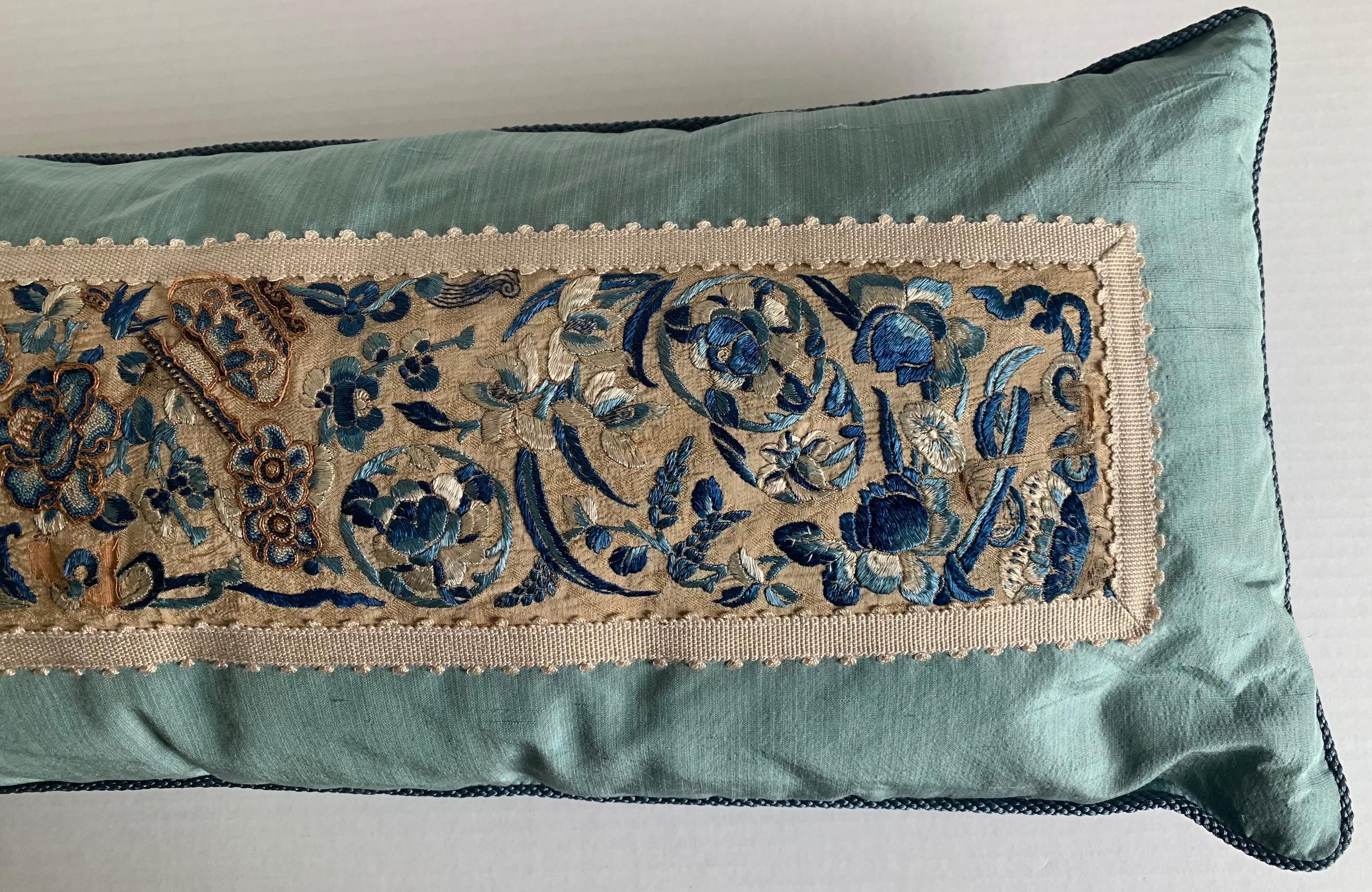 20th Century Antique Chinese Embroidered Textile Custom Silk Pillow