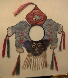 Antique Chinese Embroidery Brocade Collar Qing Dynasty Cat Asian Arts Framed