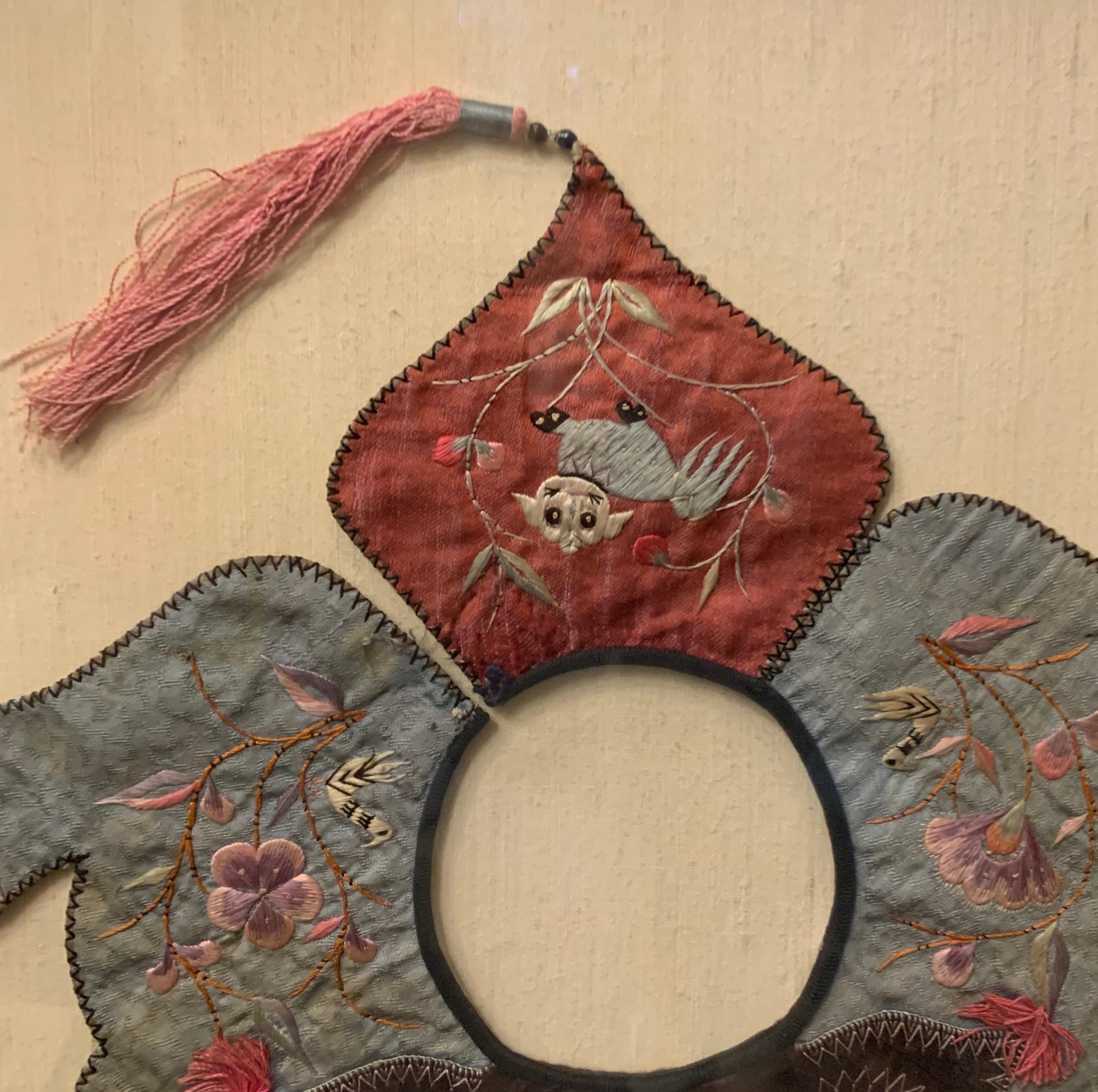 Embroidered Antique Chinese Embroidery Brocade Collar Qing Dynasty Cat Asian Arts Framed For Sale