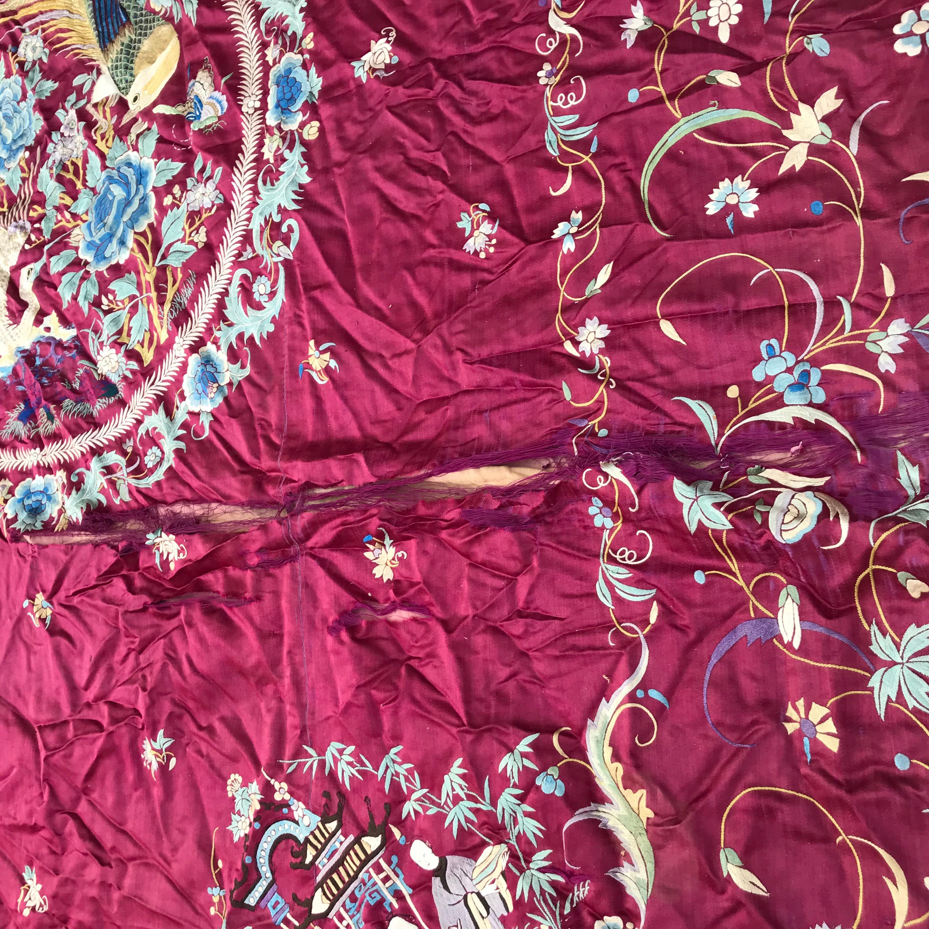 Beautiful antique embroidery from China late 19th century with very nice Chinese design with birds, flowers and personages, and beautiful purple color silk foundation, entirely hand embroidered with silk on silk. Damaged on silk bottom.