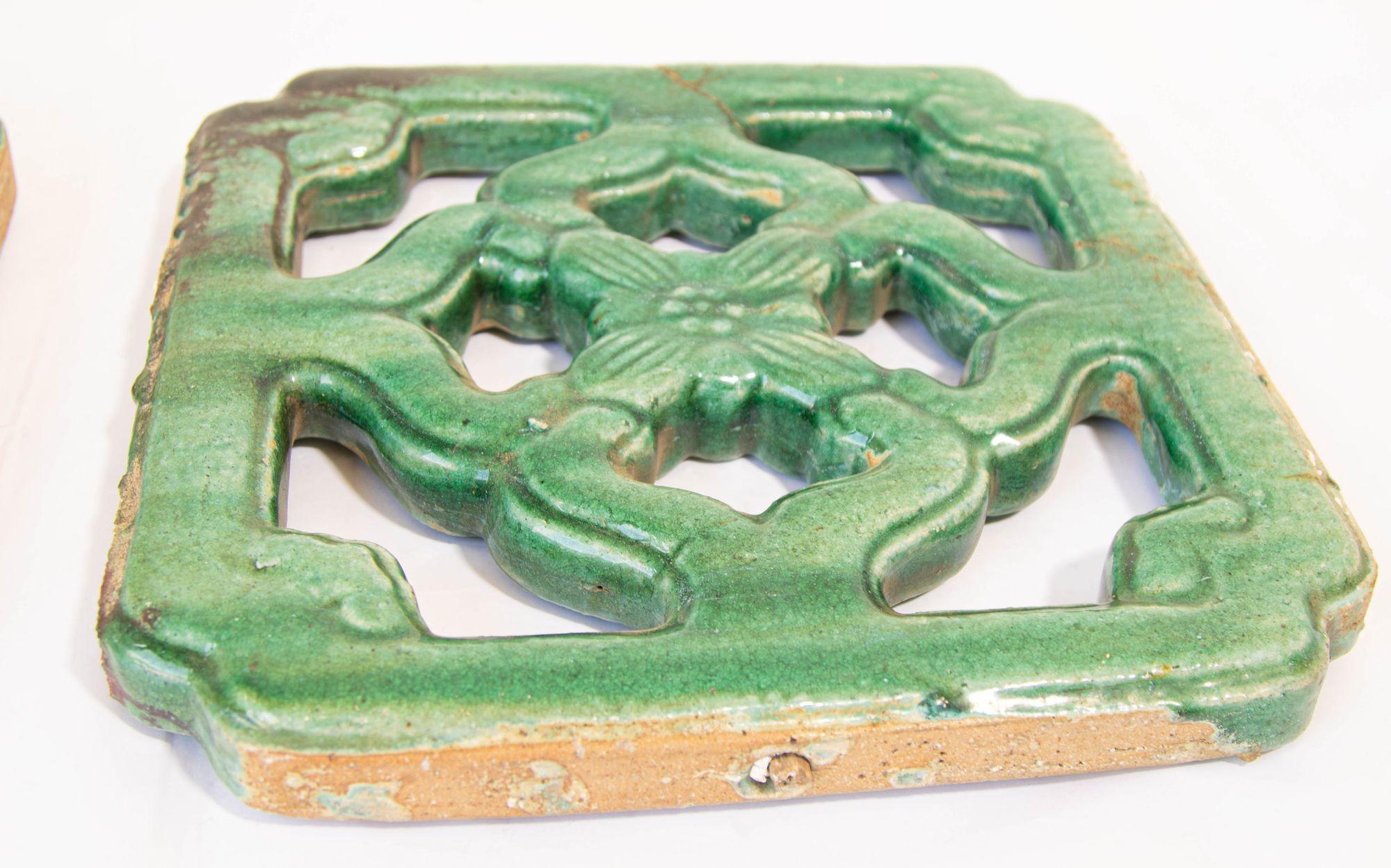 Antique Chinese Emerald Green Glazed Architectural Tile, circa 1900 Set of 2 For Sale 4