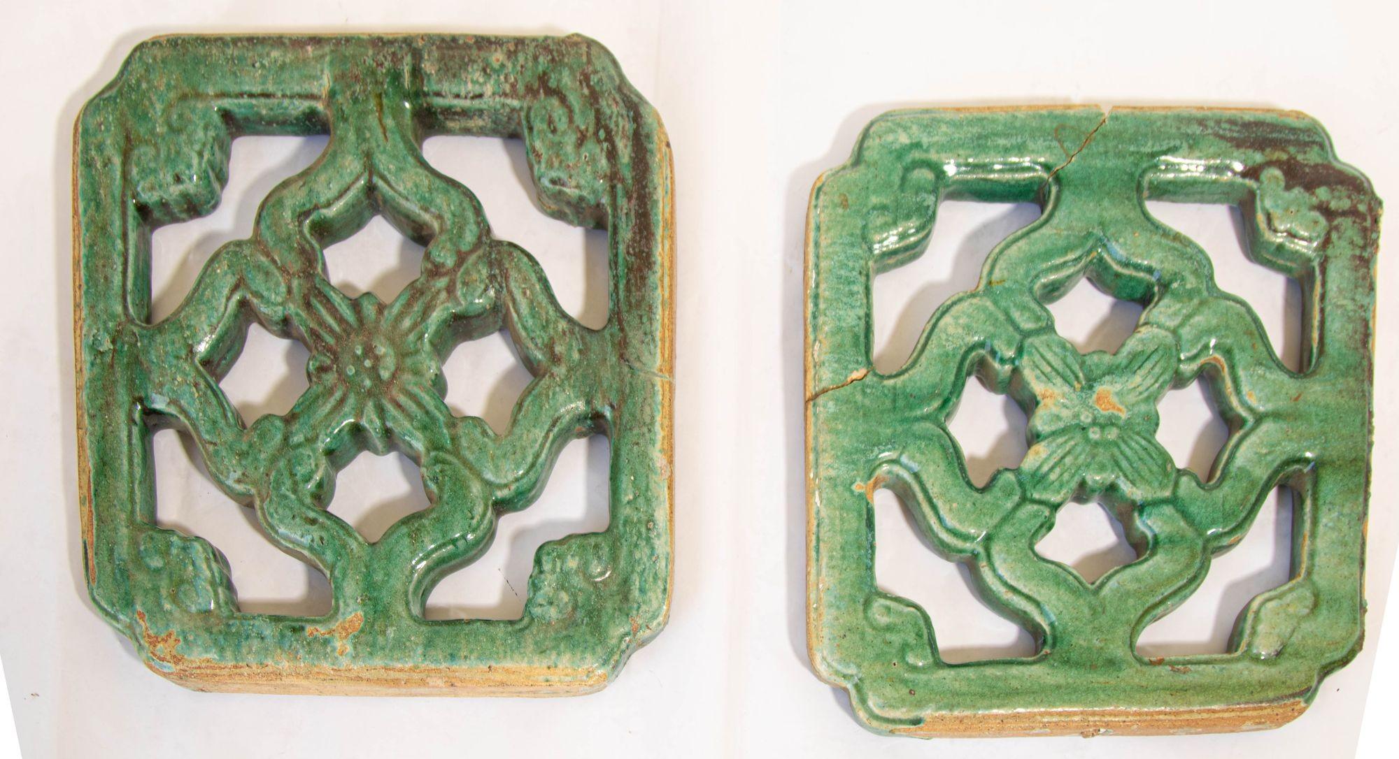 Antique Chinese Emerald Green Glazed Architectural Tile, circa 1900 Set of 2 For Sale 6