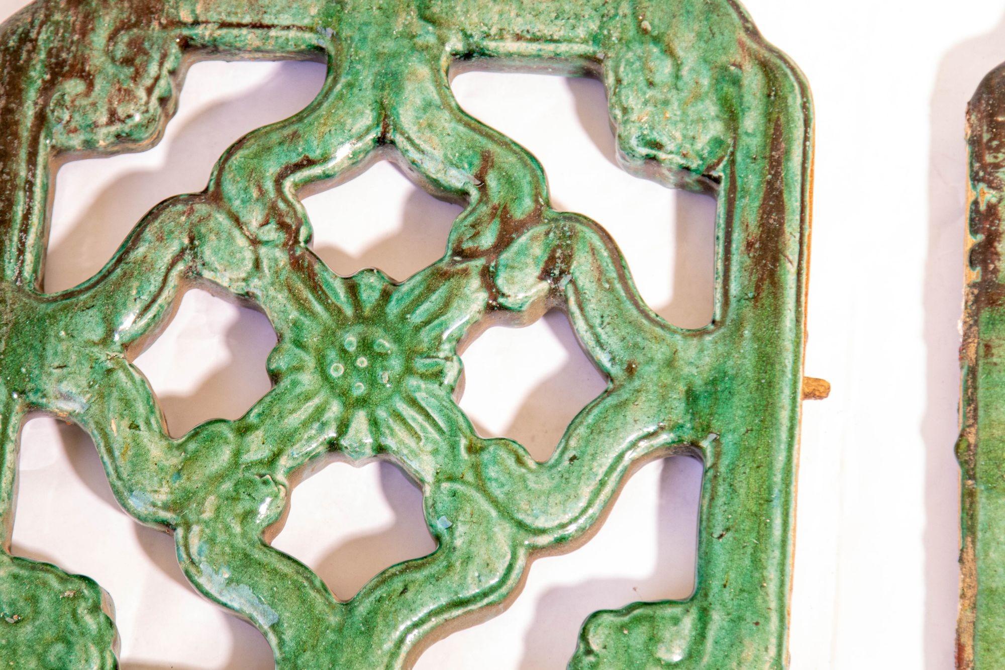 Chinese Export Antique Chinese Emerald Green Glazed Architectural Tile, circa 1900 Set of 2 For Sale