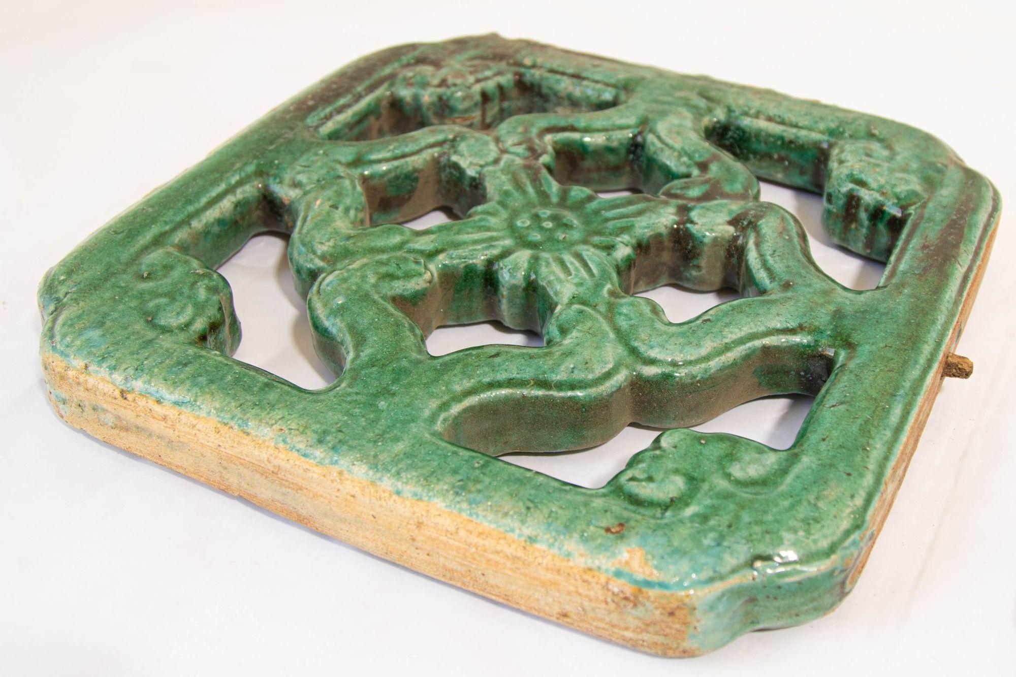 Hand-Crafted Antique Chinese Emerald Green Glazed Architectural Tile, circa 1900 Set of 2 For Sale