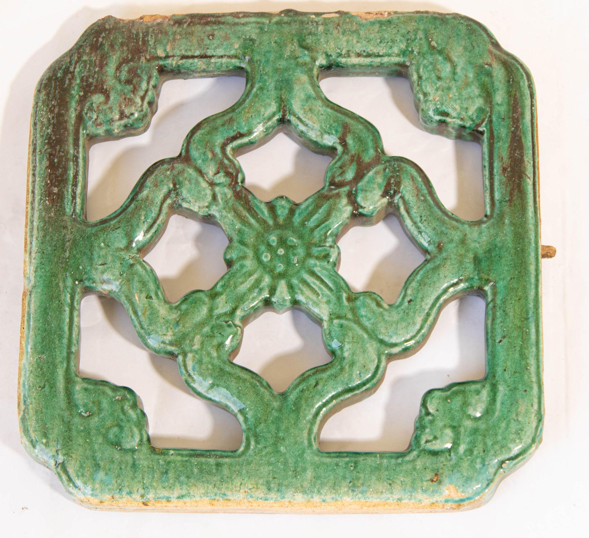 Antique Chinese Emerald Green Glazed Architectural Tile, circa 1900 Set of 2 In Fair Condition For Sale In North Hollywood, CA