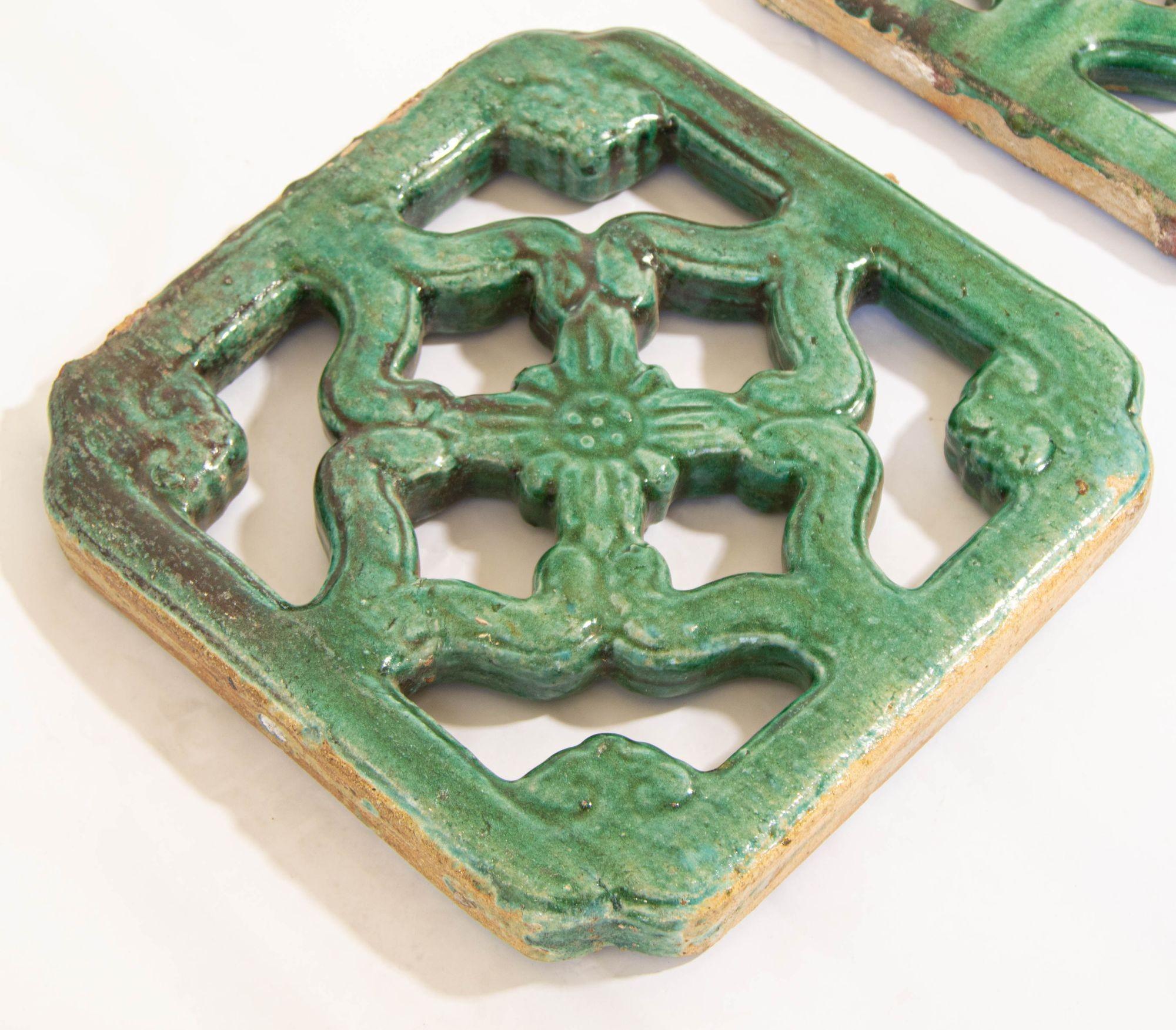 20th Century Antique Chinese Emerald Green Glazed Architectural Tile, circa 1900 Set of 2 For Sale